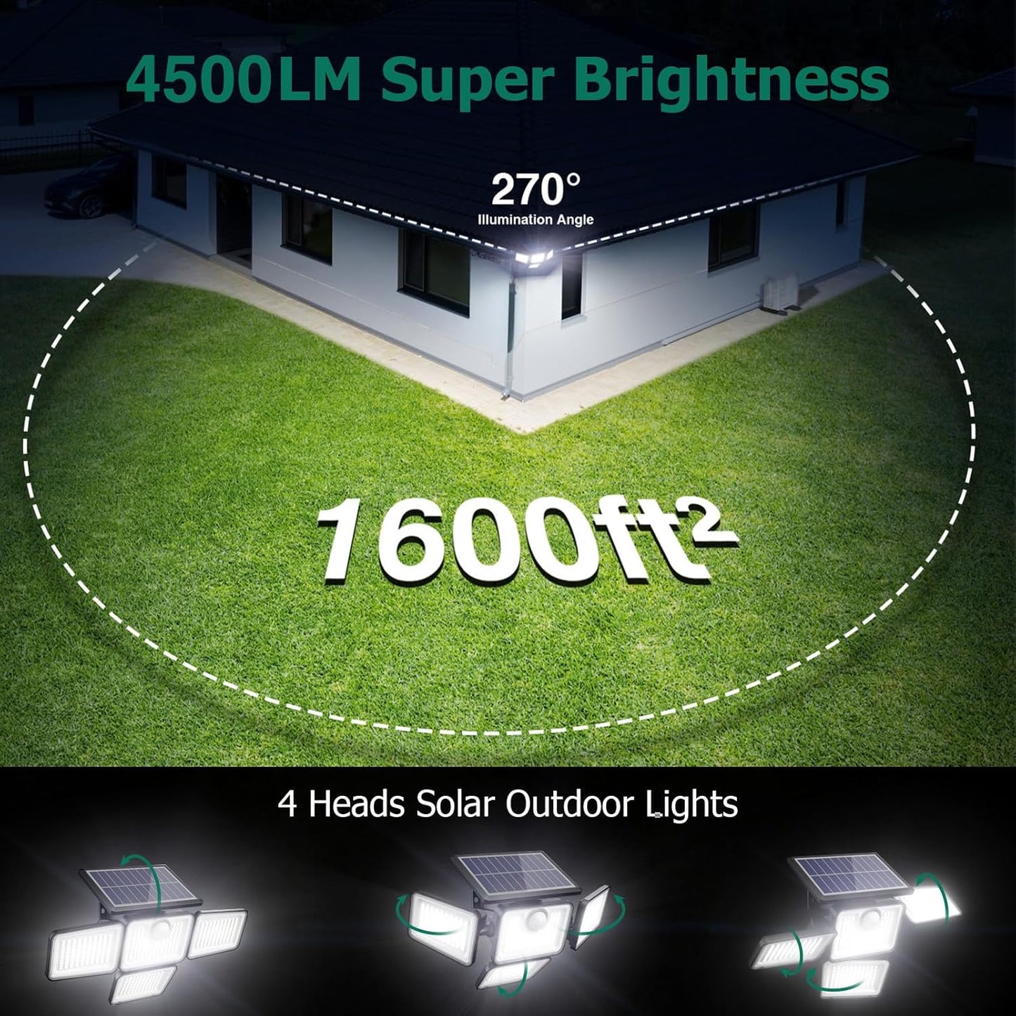 4500LM Solar Lights Outdoor, 4 Adjustable Heads Motion Sensor Lights, 3 Modes, 6500K, IP65 Waterproof Solar Security Wall Lights, Remote Control Flood Lights, Garden, Outside, Backyard, 2 Pack