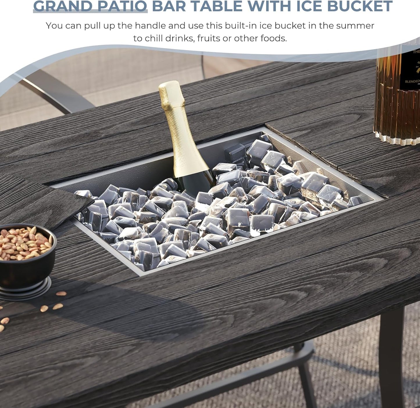 Grand patio Outdoor Bar Table, Faux Wood Grain Dining Table with Ice Bucket for Indoor Outdoor Kitchen Bistro Small Space Restaurant