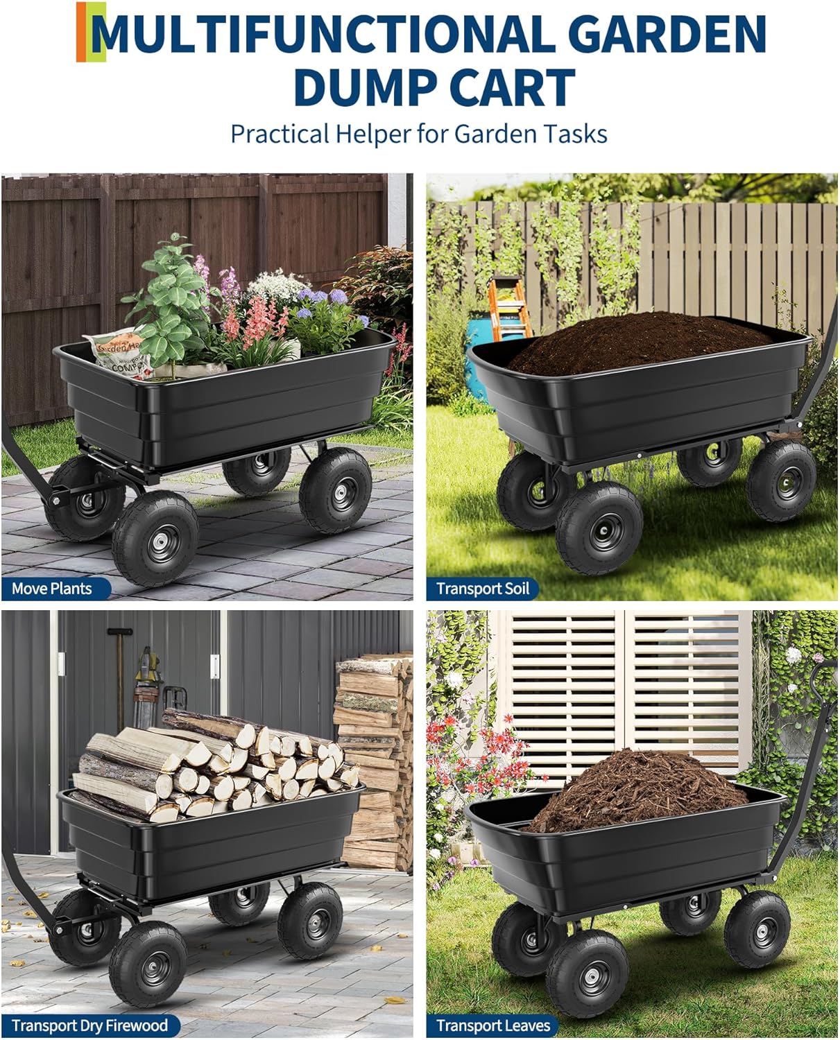 GarveeLife Poly Dump Cart - Heavy Duty 1200lbs Garden Cart with Quick-Release Dumping 13" Tires, Utility Wagon for Yard Work, Landscaping, Gardening