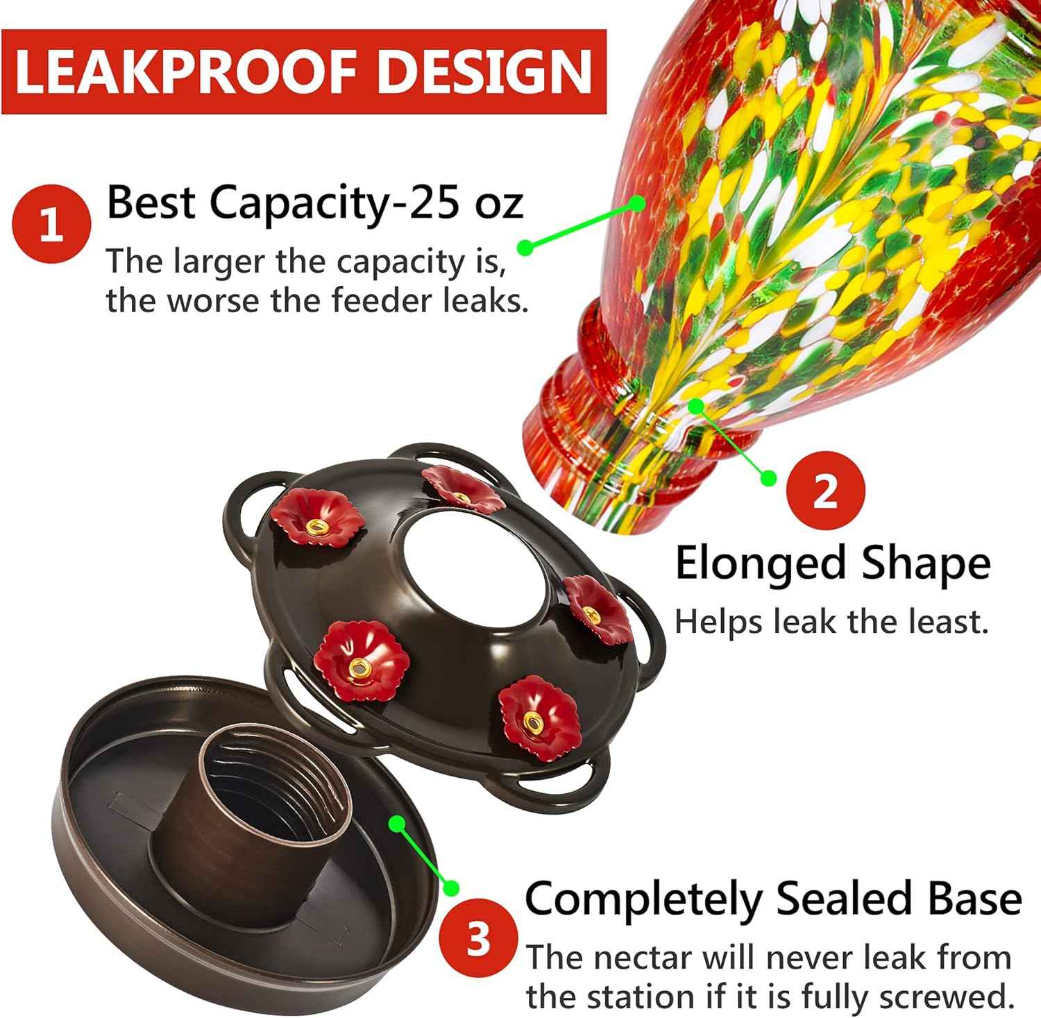 LUJII Hummingbird Feeders for Outdoors, Blown Glass Hummingbird Feeder for Outside Hanging with Ant Moat, Leak Proof & Anti Rust Metal Base, 25 fl.oz Capacity, Gifts for Bird Lovers or Gardeners, Red