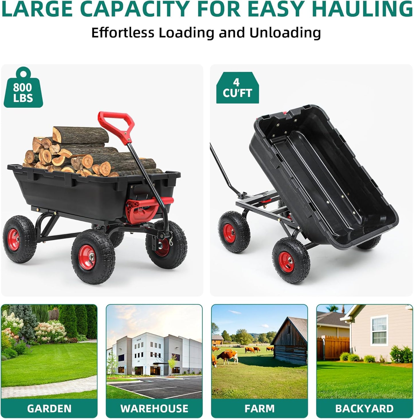 800lbs Garden Dump Cart, Heavy Duty Yard Dump Wagon with 10" Pneumatic Tires, Utility Wheelbarrow cart for Yard, Farm and Garden
