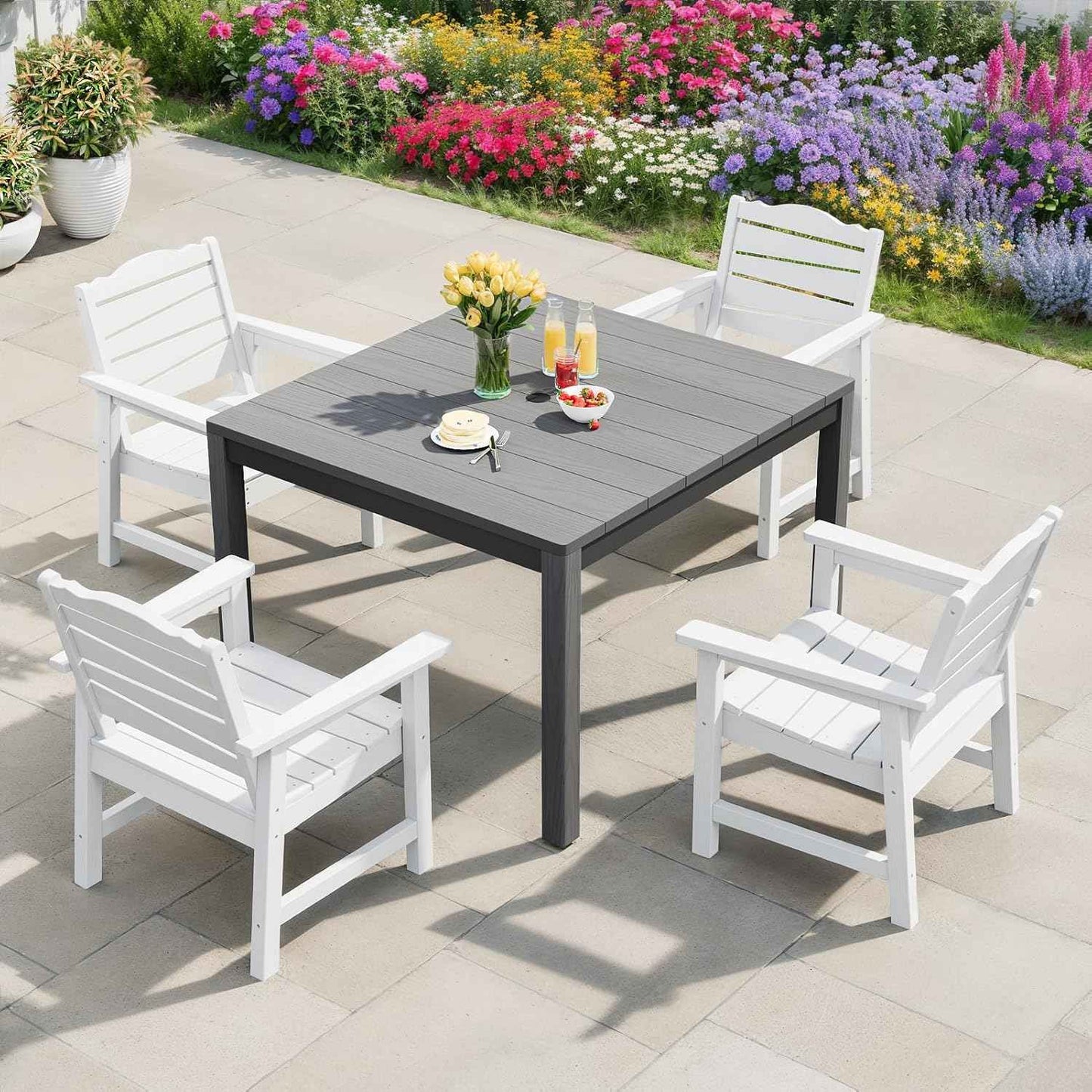 Outdoor Dining Table, Weatherproof 34" Square HIPS Patio Dining Table for 4, with 2" Umbrella Hole, Outdoor Table for Backyard Deck Poolside, Grey