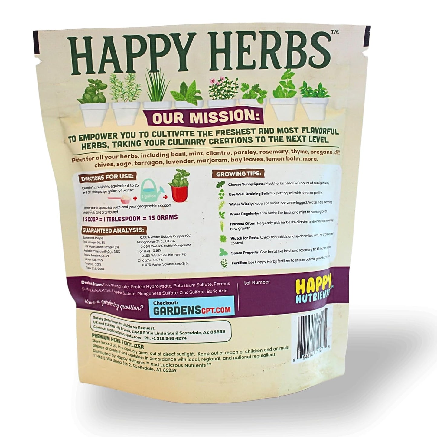 Fertilizer for Herbs Happy Herb Organic Fertilizer by Happy Nutrients – Plant Food for Basil, Mint, Cilantro, Rosemary, Thyme & More – Macro & Micro Nutrients for Home Gardens – 12 oz (0.34 kg)