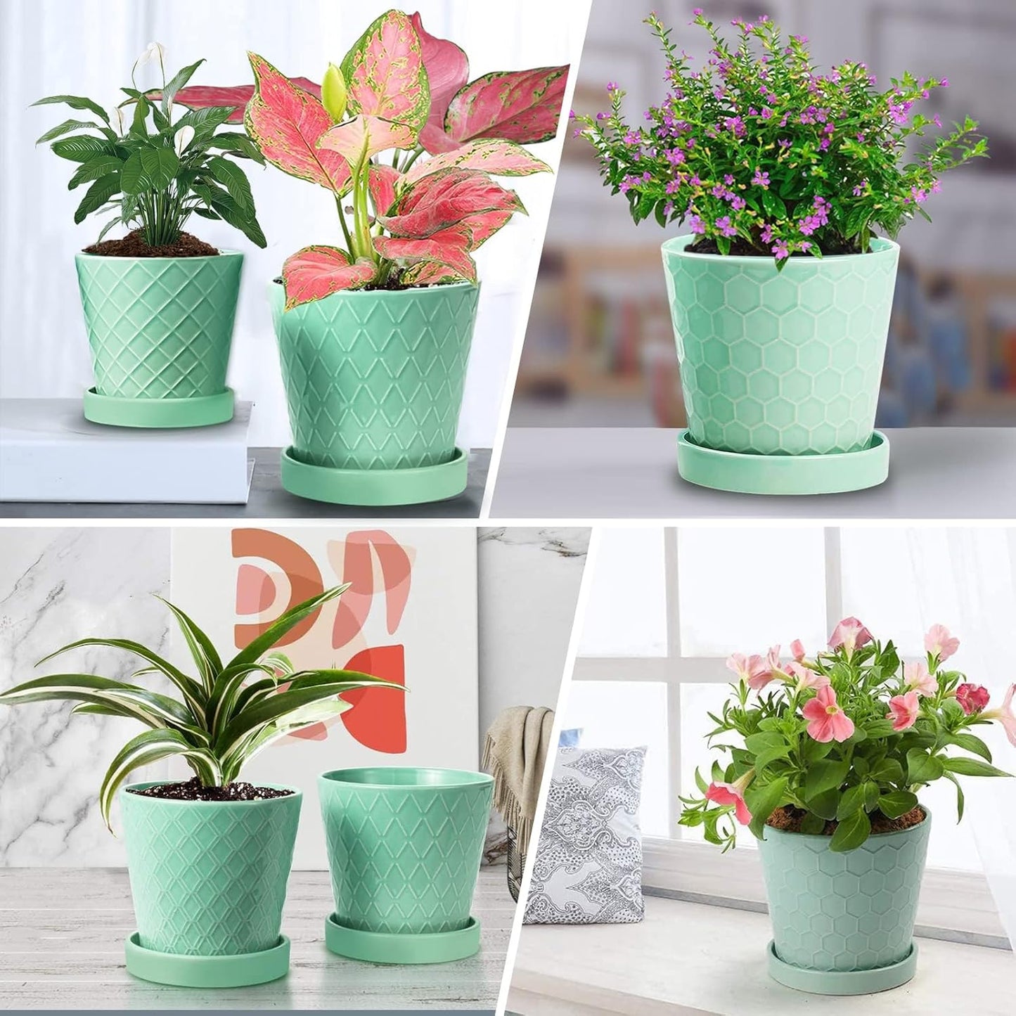 EFISPSS Ceramic Plant Pots –4”+5”+6” inch Set of 3, Planters with with Drainage Holes and Ceramic Tray, Indoor Flower Pot Gardening Home Desktop Office Windowsill Decoration Gift(Mint Green)