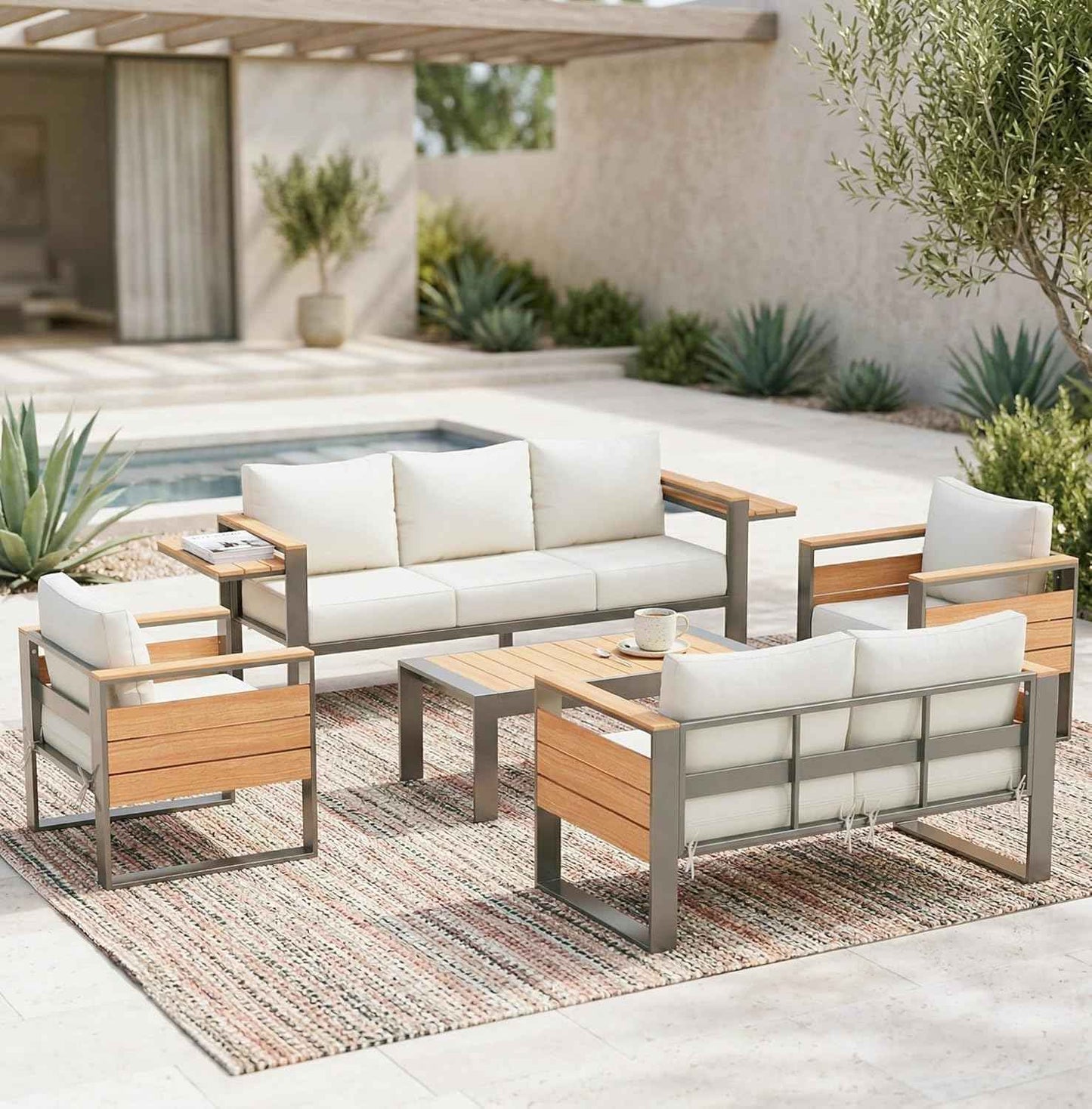 Sundale Outdoor Aluminum Patio Furniture Set, 5 Piece Metal Patio Conversation Sets with 5" Thick Cushions, Shimmer Coated Outdoor Couch with 2 Extendable Side Tables for Yard, Deck (Beige)