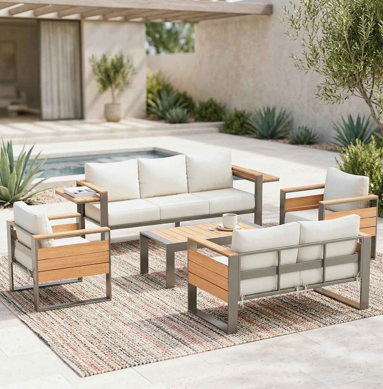Sundale Outdoor Aluminum Patio Furniture Set, 5 Piece Metal Patio Conversation Sets with 5" Thick Cushions, Shimmer Coated Outdoor Couch with 2 Extendable Side Tables for Yard, Deck (Beige)