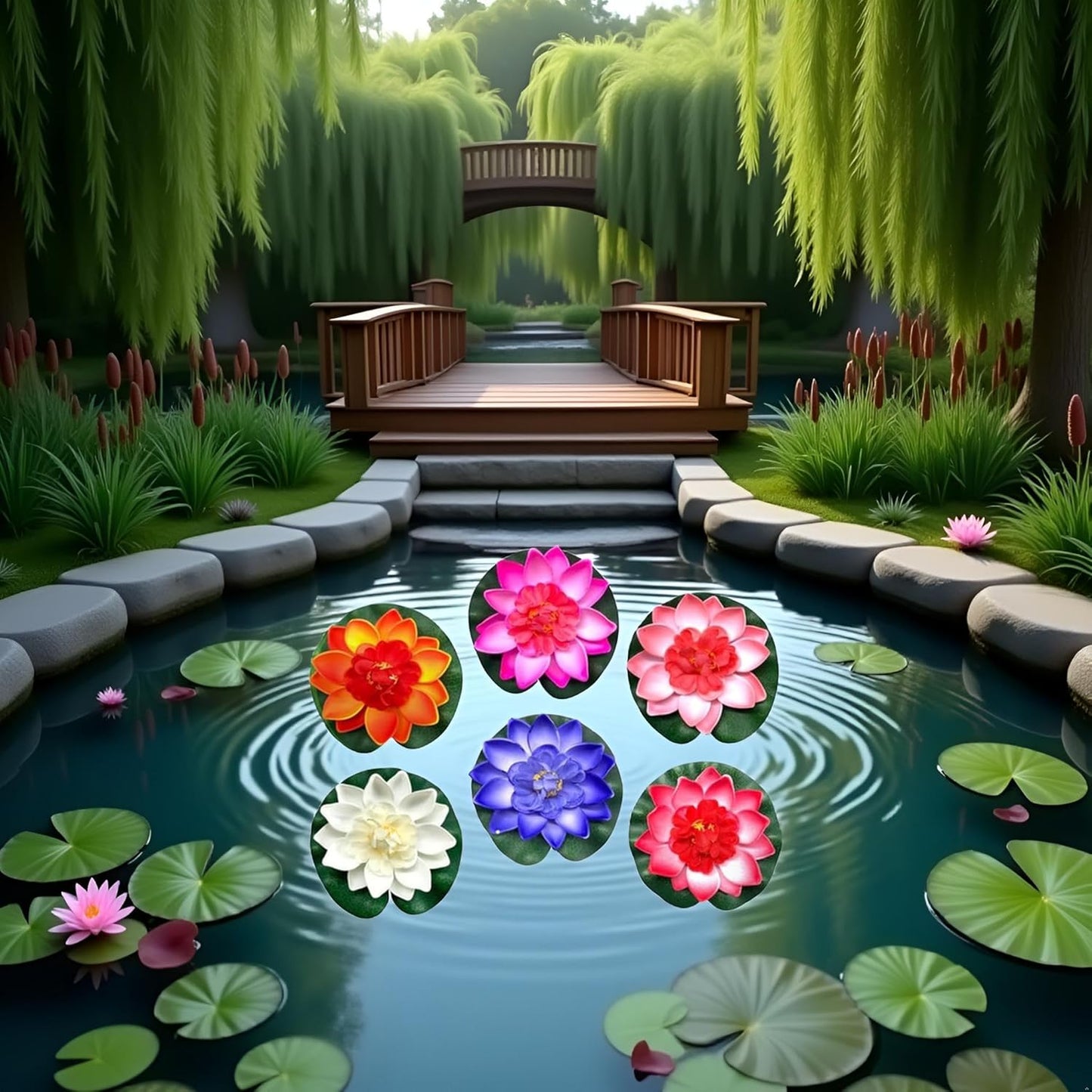 6 Pcs Large Floating Lotus Flowers Faux with Artificial Lily Pads, Artificial Floating Foam Lotus Flower with Water Lily Pad,Floating Artificial Lotus Flowers Decor Pond Home Decoration