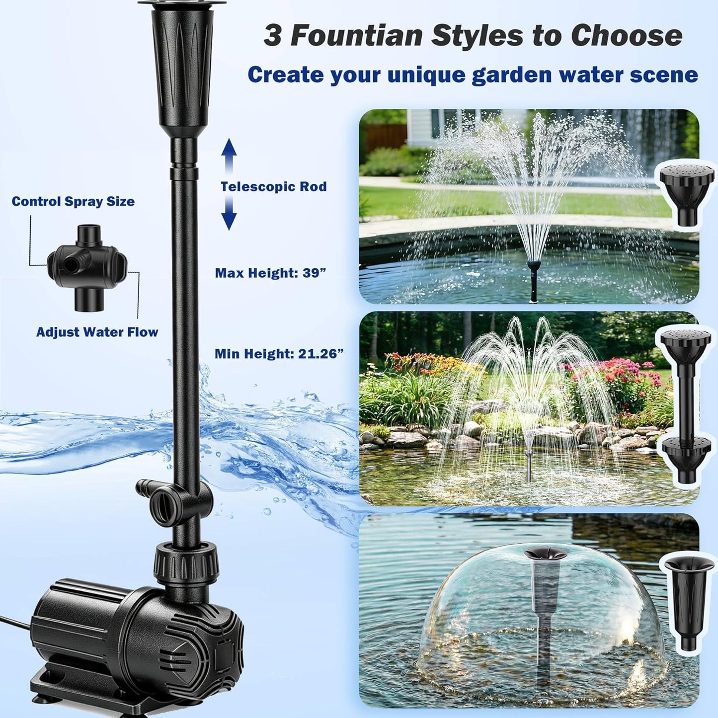 Antfraer 100W Solar Pond Pump, 1200GPH Solar Powered Water Fountain Pump with 3 Spray Nozzles, Solar Waterfall Pump & Solar Pond Aerator for Medium-Large Koi Pond Outdoor Garden Water Feature