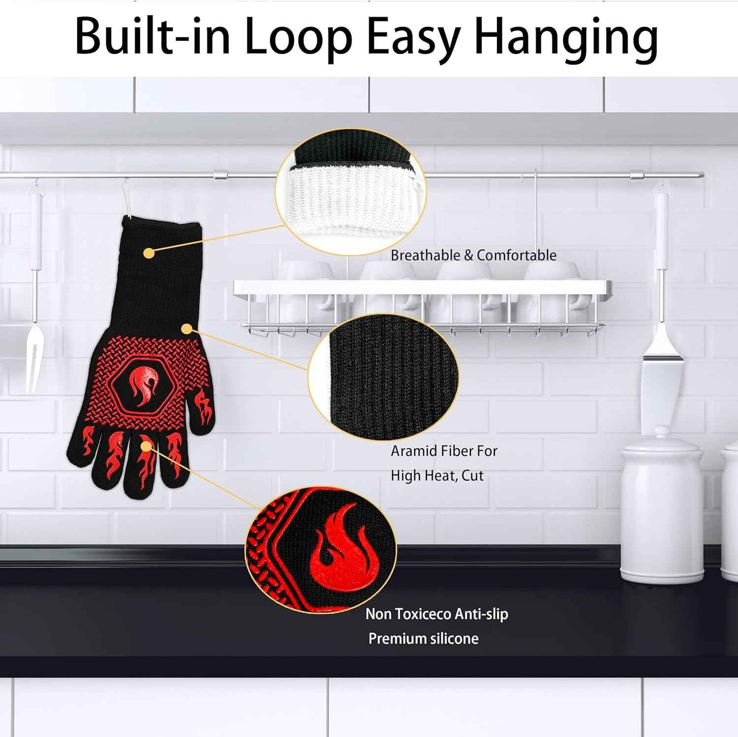 BBQ Fireproof Gloves, Grill Cut-Resistant 1472°F Heat Resistant Gloves, Non-Slip Silicone Oven Gloves, Kitchen Safe Cooking Gloves for Oven Mitts,Barbecue,Cooking, Frying,13.8 Inch-Red