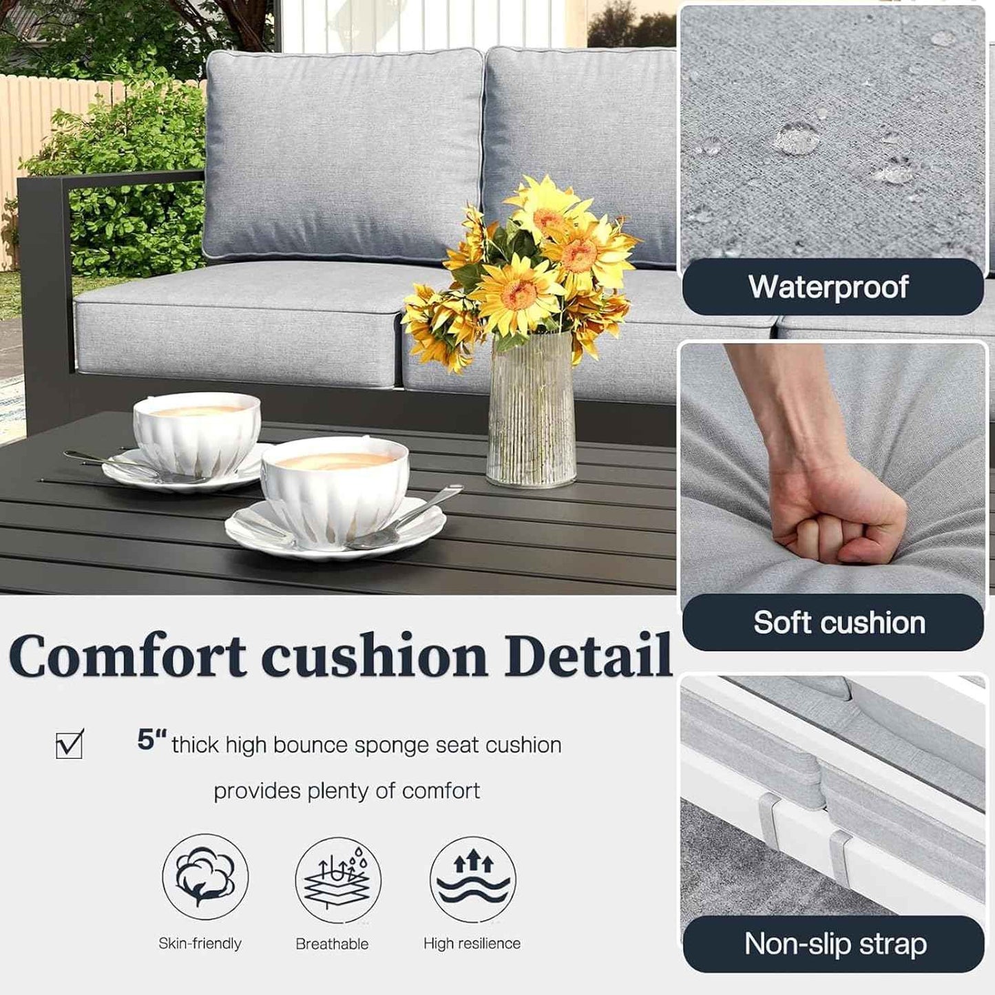 5 Piece Modern Aluminum Patio Furniture Set, Outdoor Patio Sectional Conversation Metal Seating Sets with Olefin Cushion and Coffee Table
