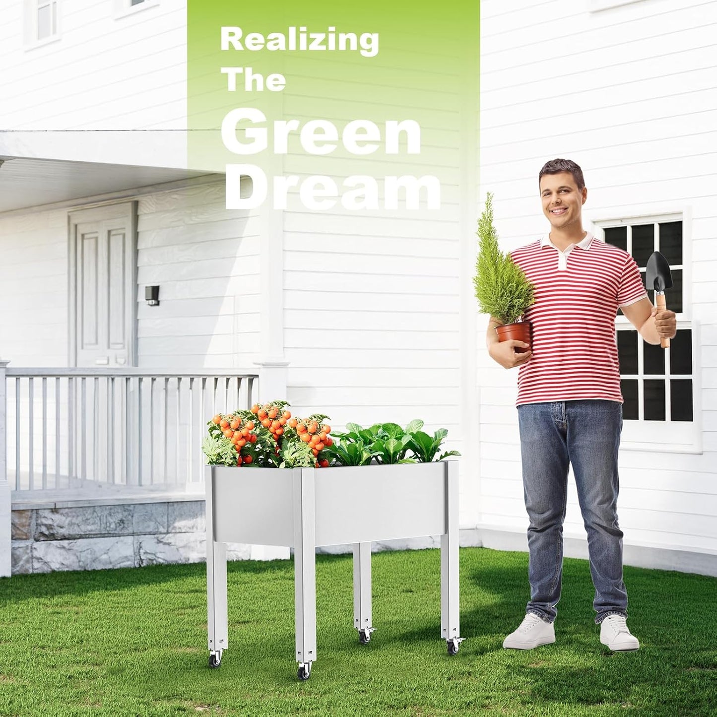 Elevated Raised Garden Bed with Legs,Outdoor Large Resin Patio Planter Box Stand Divisible with Drain Plug,Water Monitor for Plants Vegetables Flowers Fruits(Ashen)