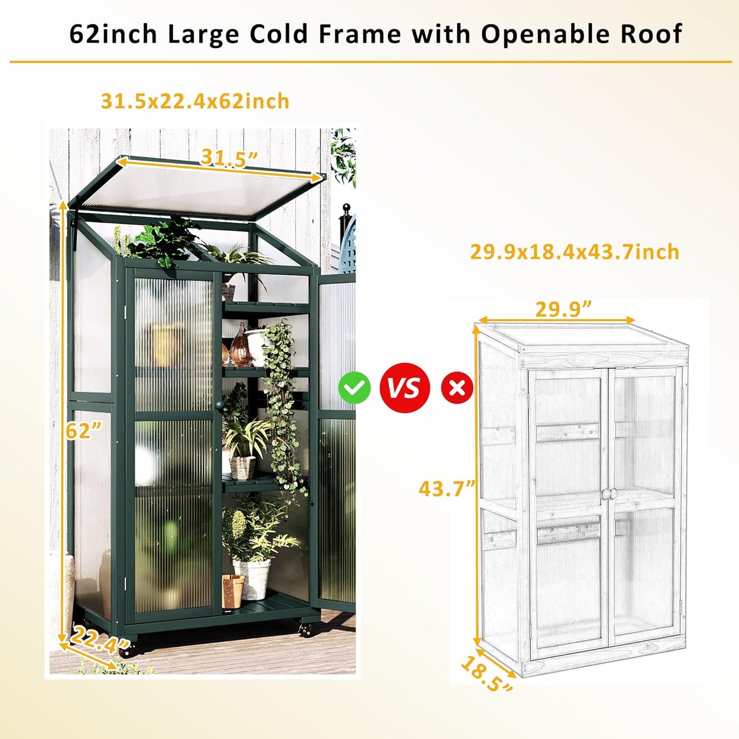 62‘’Wooden Greenhouse, Cold Frame Portable Greenhouse with Wheels and Adjustable Shelves for Indoor Outdoor Patio Balcony Garden, 31.5" Lx22.4 Wx62 H, Green
