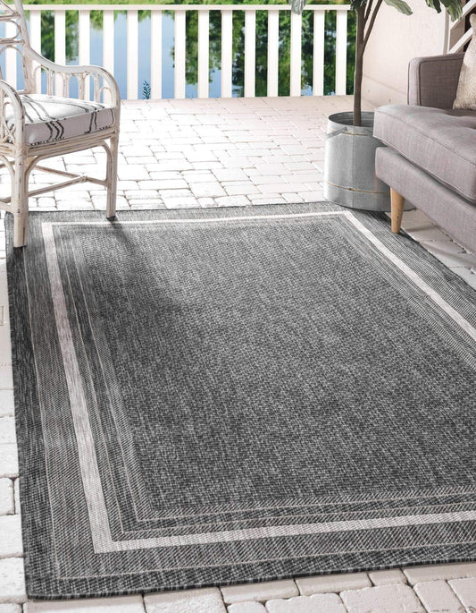 Unique Loom Outdoor Border Collection Area Rug - Soft Border (8' x 11' 4" Rectangle Black/Ivory)
