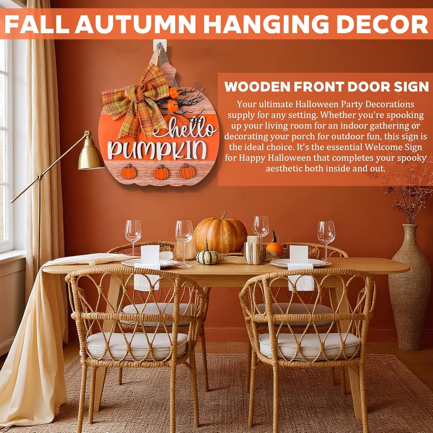 3D Hello Pumpkin Wooden Fall Wreath for Front Door | Fall Autumn Hanging Decor with Bow & Wreath | Farmhouse Harvest Thanksgiving Decor for Porch, Wall | Indoor Outdoor Home (Color-Pumpkin-D)