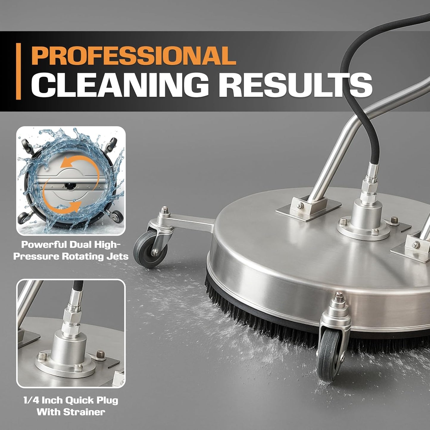 EDOU Direct 20 Inch Pressure Washer Surface Cleaner - Dual Handle Concrete Cleaner, Wheels - Driveway Pressure Washer Attachment, 4,500 PSI Max - Includes Quick Connector Kit - Silver