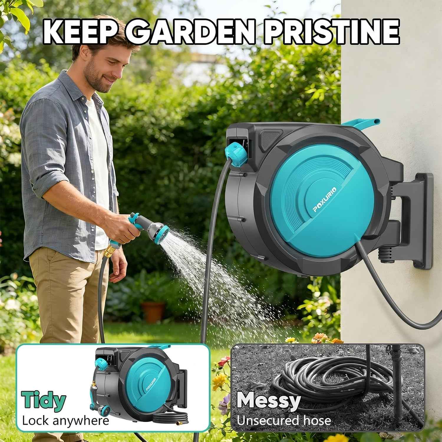 1/2" 160FT Retractable Garden Hose Reel - POXURIO Heavy Duty Automatic Wall Mounted Hose Reel Upgraded UV Resistant, 3/4" Brass Fitting, 10 Pattern Nozzle, 180° Swivel&Any Length Lock Slow Retraction