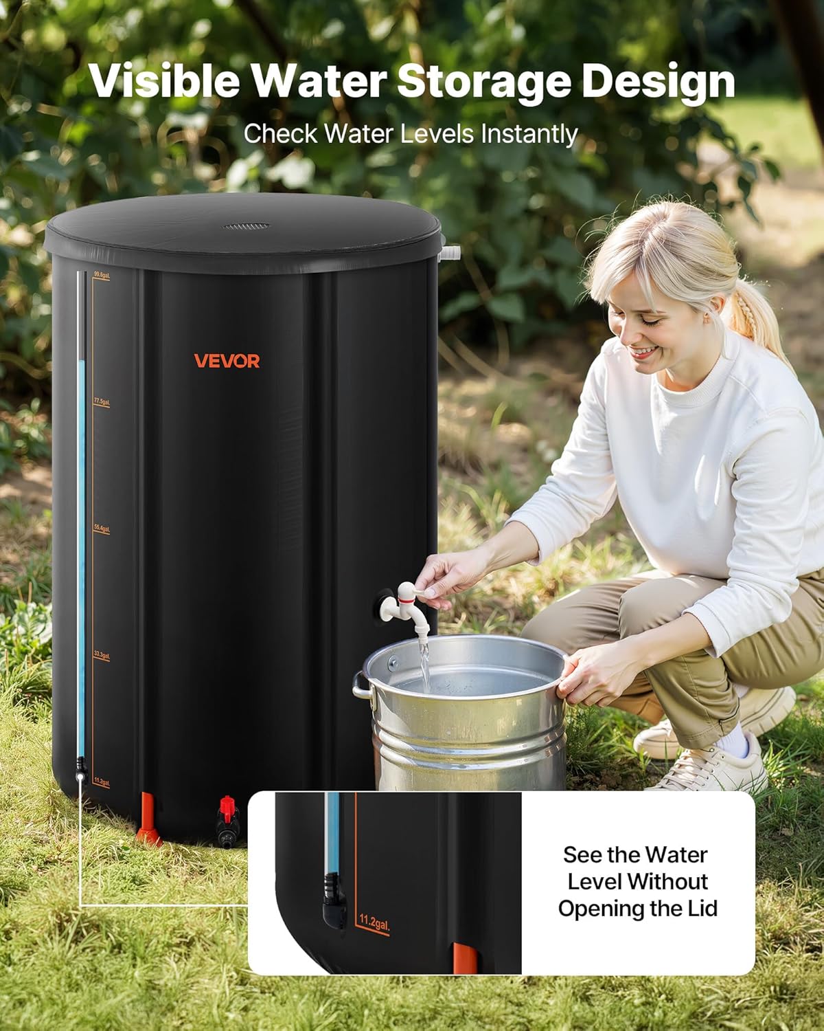 VEVOR Collapsible Rain Barrel, 100 Gallon Portable Rain Water Collection Barrel, 1000D PVC Rainwater Collection System, Garden Water Catcher Tank Storage Container with Spigot & Overflow Kit, Black