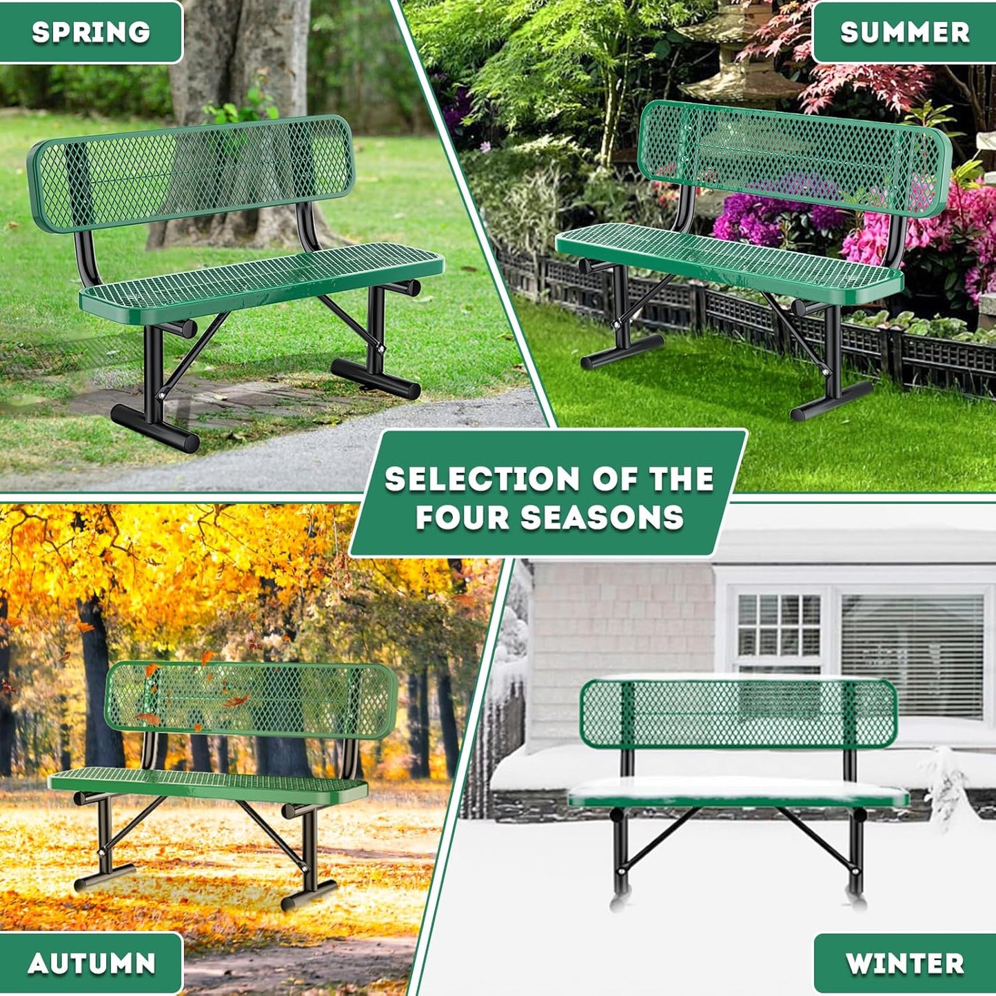 Heavy Duty Park Bench for Outside, Metal Park Bench with Back Portable Frame, Outdoor Steel Mesh Garden Bench with Backrest for Garden, Lawn, Patio, Porch, Park, Yard (Green, 4FT/50INCH)