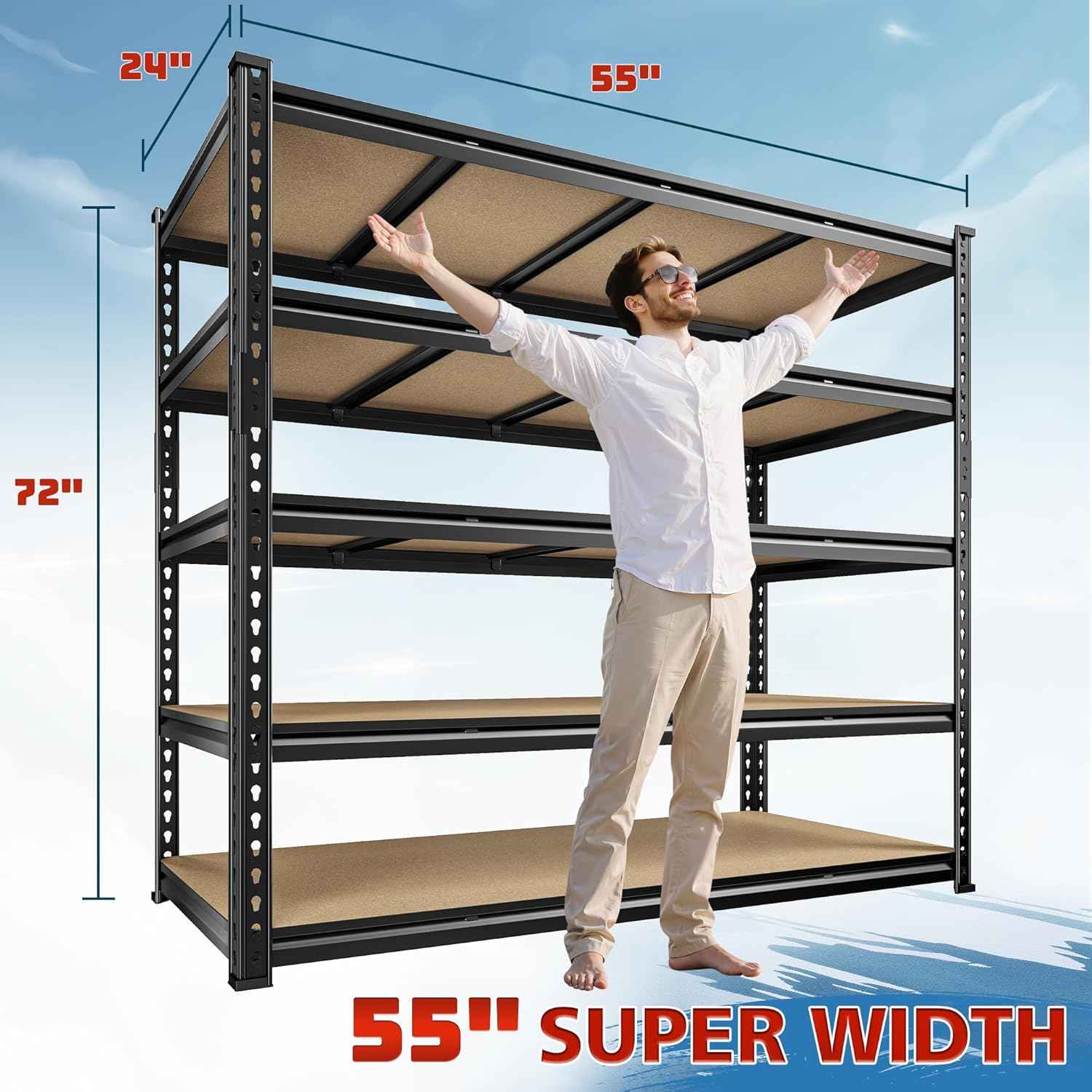 DurayLoly 55" W Storage Shelves, 2550LBS Garage Shelving, 5-Tier Metal Shelving Unit, Adjustable Heavy Duty Shelving for Garage, Warehouse, Pantry, Kitchen, 55" W × 24" D × 72" H, Black