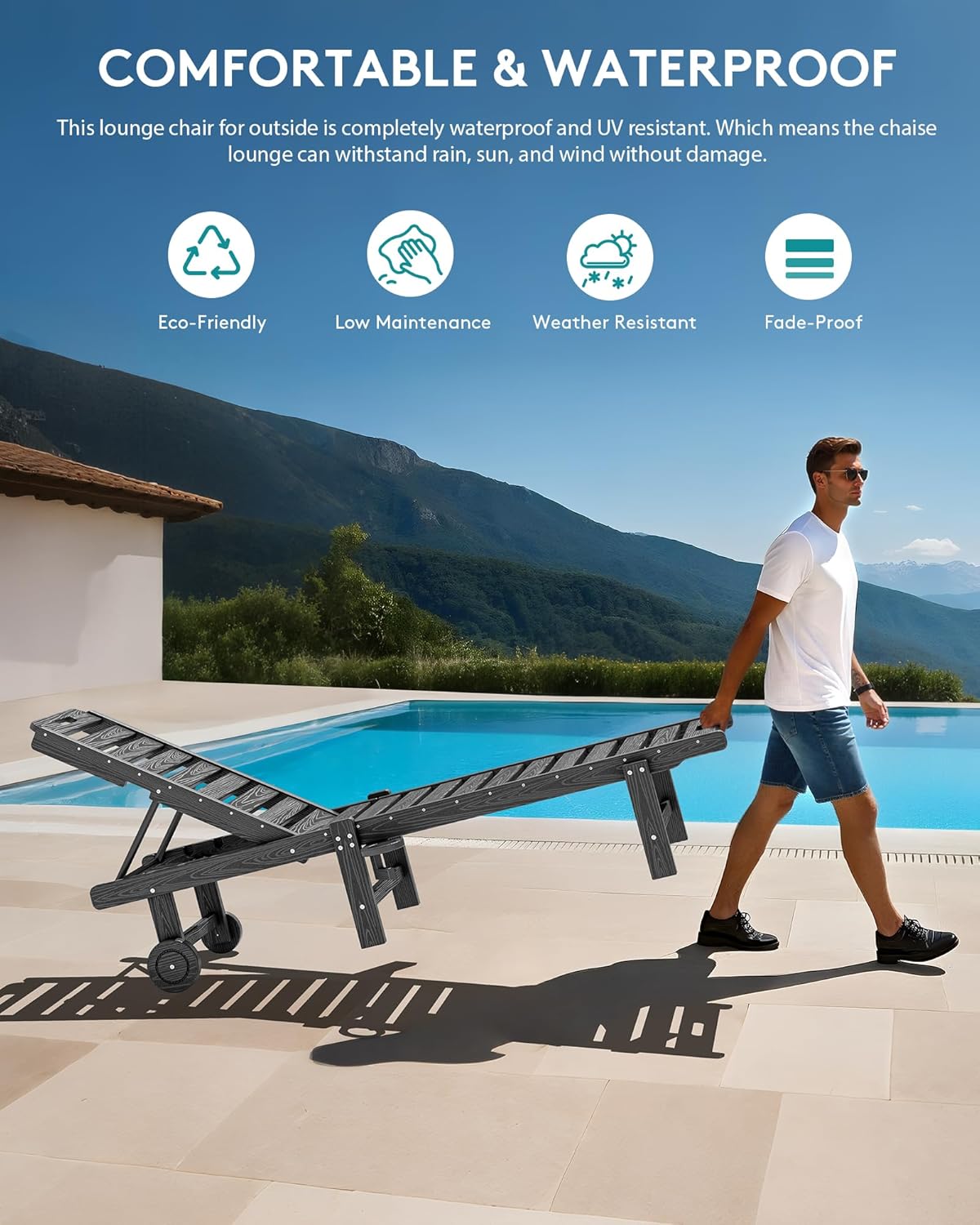 SERWALL Patio Chaise Lounge Set of 4, 78" Length Outdoor Lounge Chair with 5 Positions Adjustable Backrest, HDPE Lounge Chair with Rolling Wheels & Cup Holder for Poolside, Beach, Garden, Grey