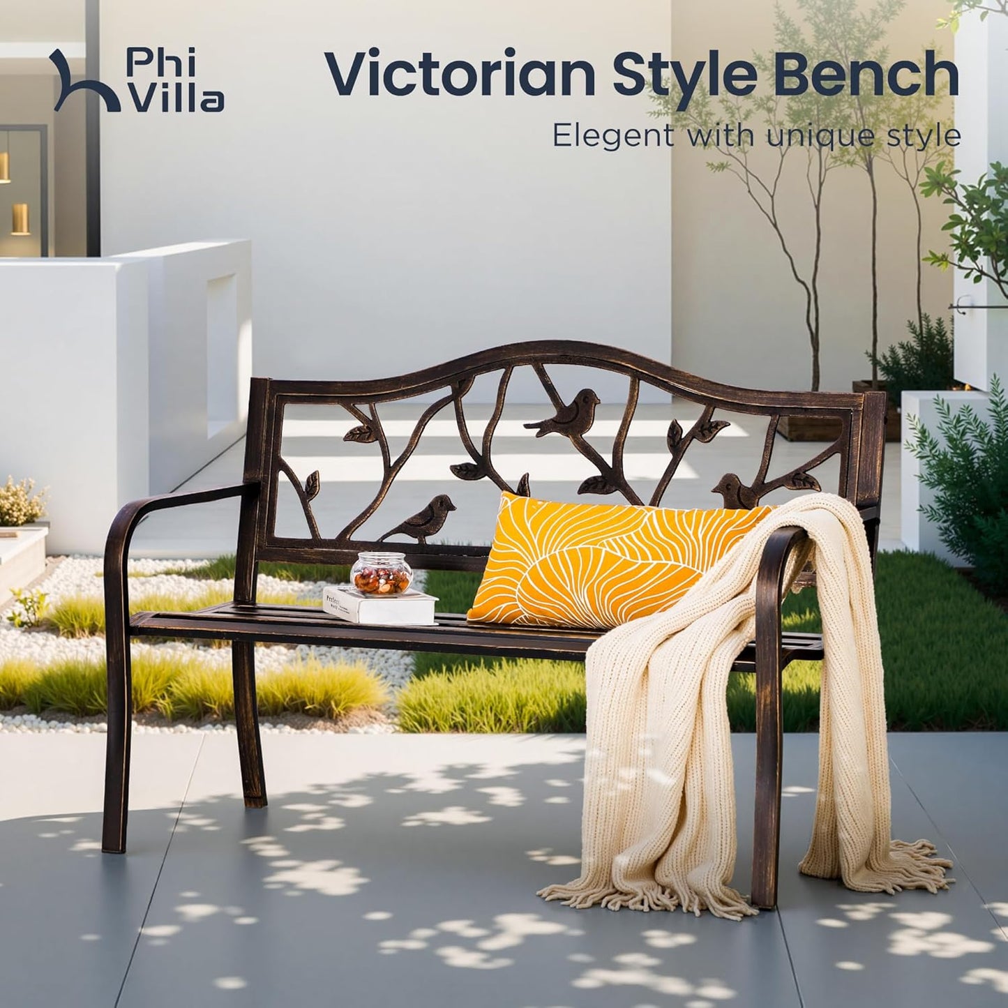 PHI VILLA Outdoor Garden Park Bench Patio 50" Metal Bench, Steel Frame Bench with Backrest and Armrests for Porch, Lawn, Balcony, Backyard and Indoor, Bronze