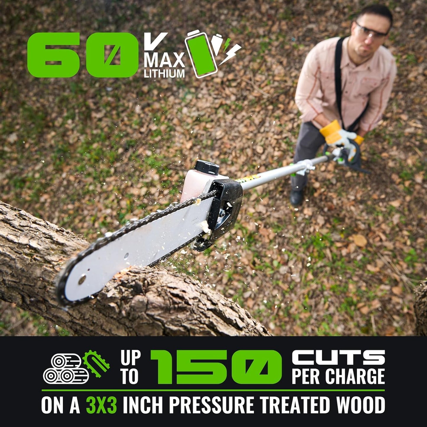 15-FT Cordless Pole Saw 60V Electric Power PoleSaw for Tree Trimming With Pole 10" Cutting Power Max Reach 2.5AH Battery