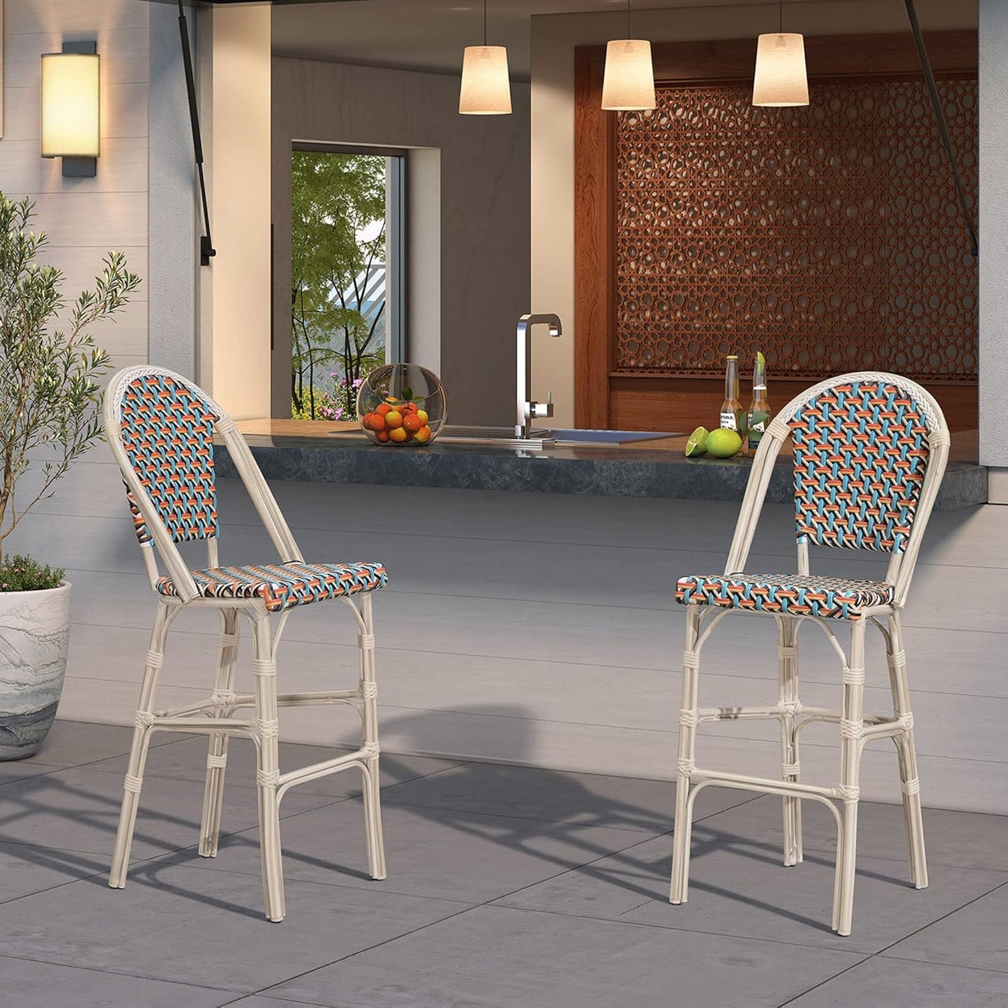 PURPLE LEAF French Counter Height Bar Stool Set of 4 25" White Print Finish Patio Chairs with Back Rattan Bar Chairs French Bistro Set for Kitchen Outdoor Counter Stool Colorful