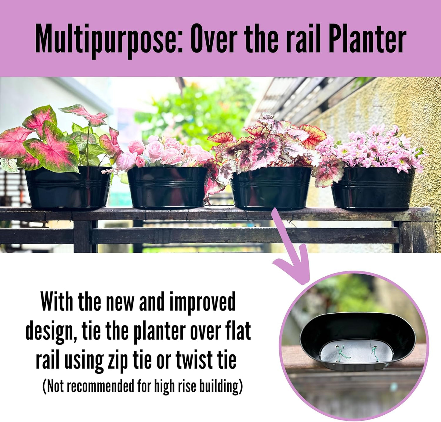 LaLaGreen Outdoor Plants Rail Planter (16 Inch, 6 Pack) Black Metal Iron Hanging Flower Pots Deck Railings Fence Buckets Modern Boho Style Wall Mount Window Boxes Plant Holder Hooks Porch Home Decor