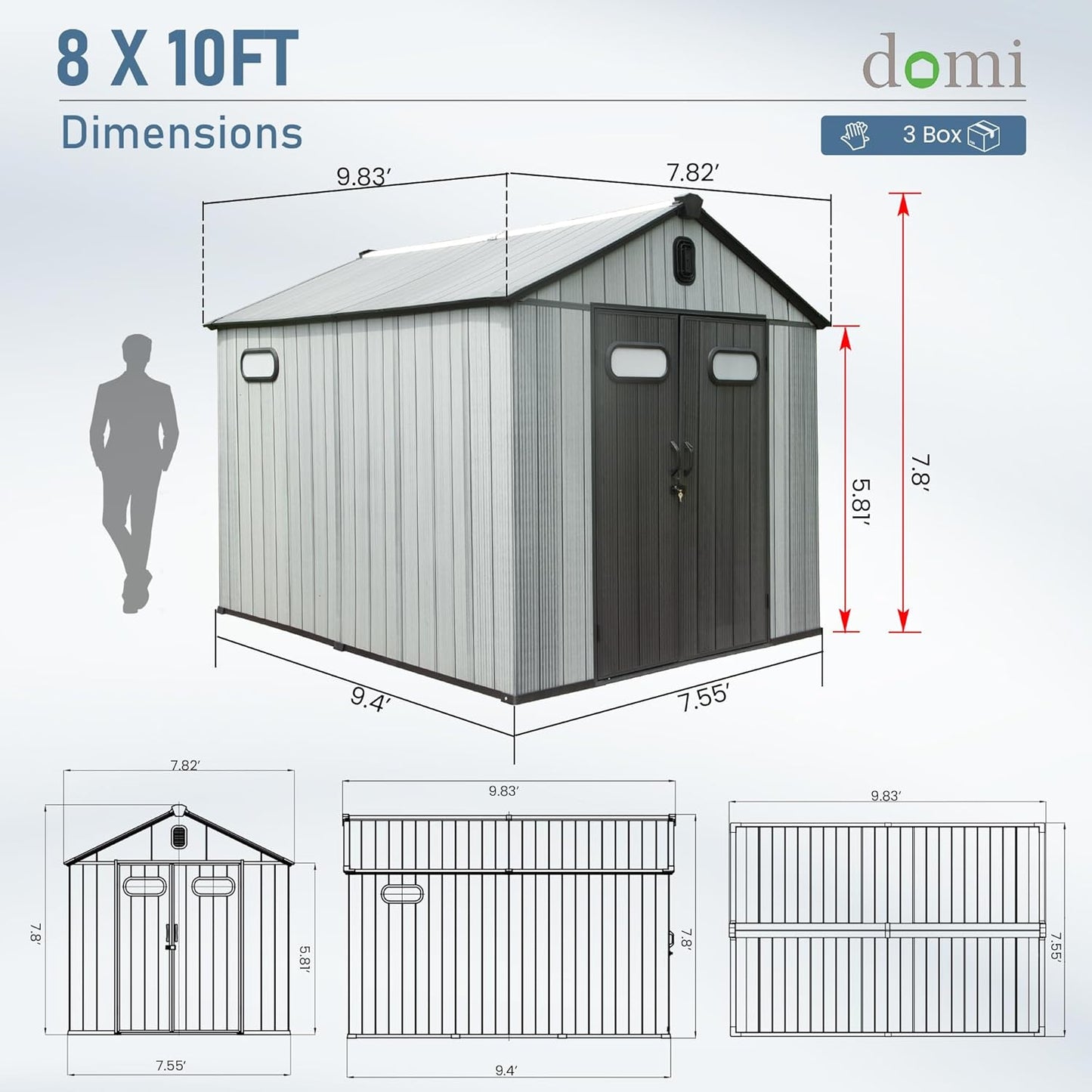 Domi 8x10 FT Outdoor Resin Storage Shed, All-Weather Double-Wall Garden Shed for Backyard, Lawn Tools, Bike, Mower & Pool Equipment with Lockable Doors, Ventilated Roof, Grey