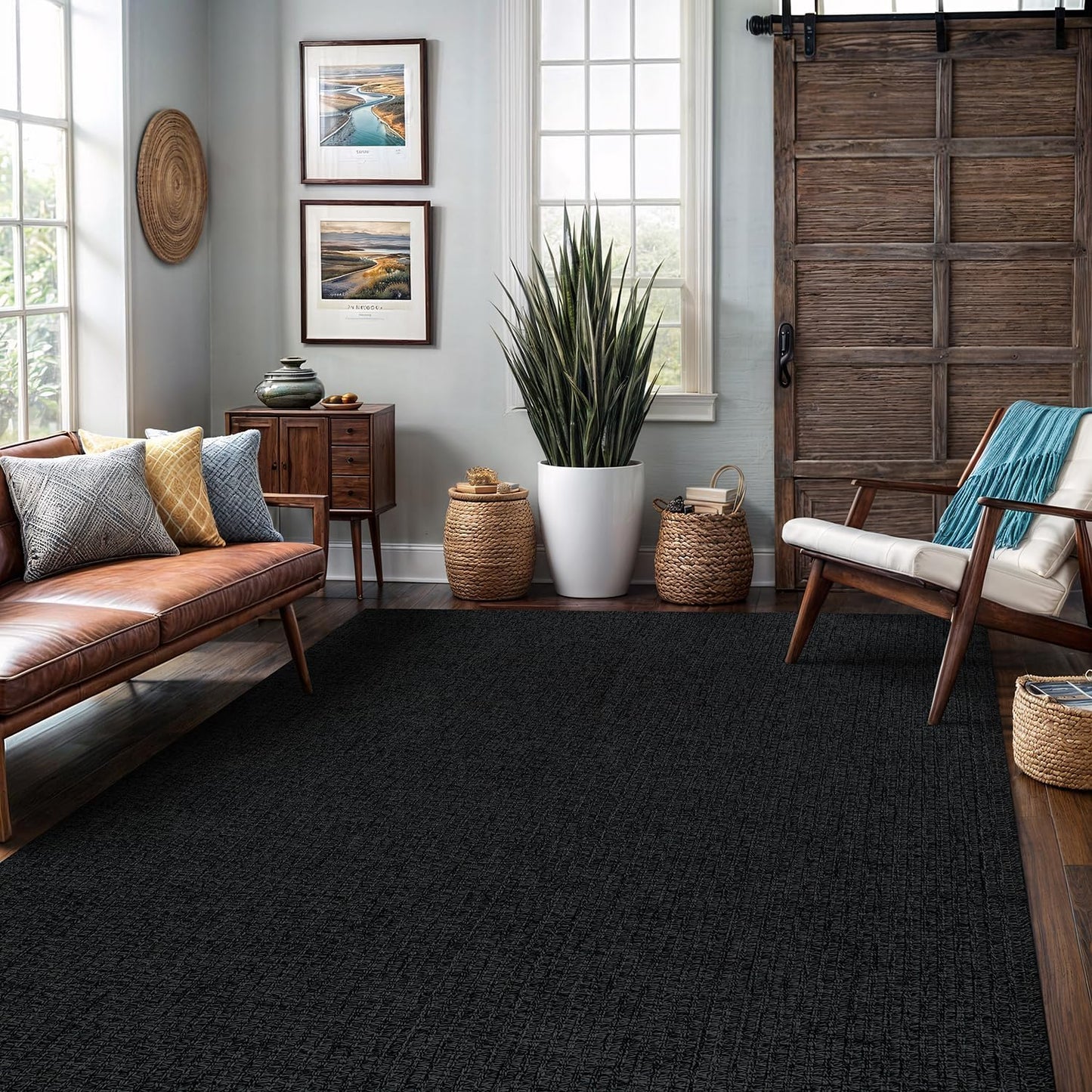 Easy Jute Rug 6x9 Indoor Outdoor Natural Rugs Solid Fiber Rug Woven Area Rug Boho Easy Clean Inside Carpet for Living Room Bedroom Dining Room Hallway or Outdoor Patio Porch (6 X 9 Dark Grey)