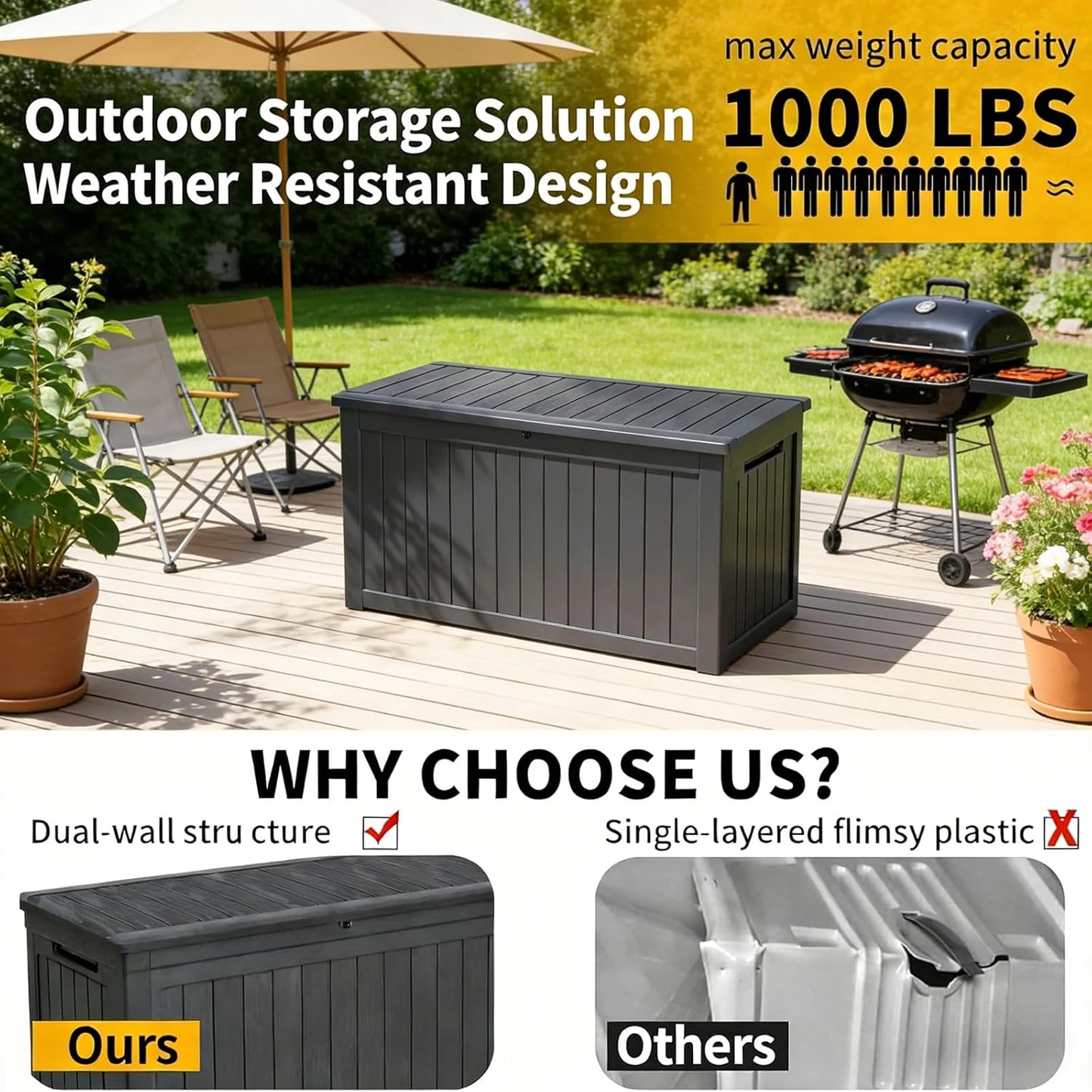 230 Gallon Lockable Resin Deck Box, Waterproof Outdoor Storage Box for Patio Furniture Cushions, Garden Tools & Pool Accessories Storage, Black