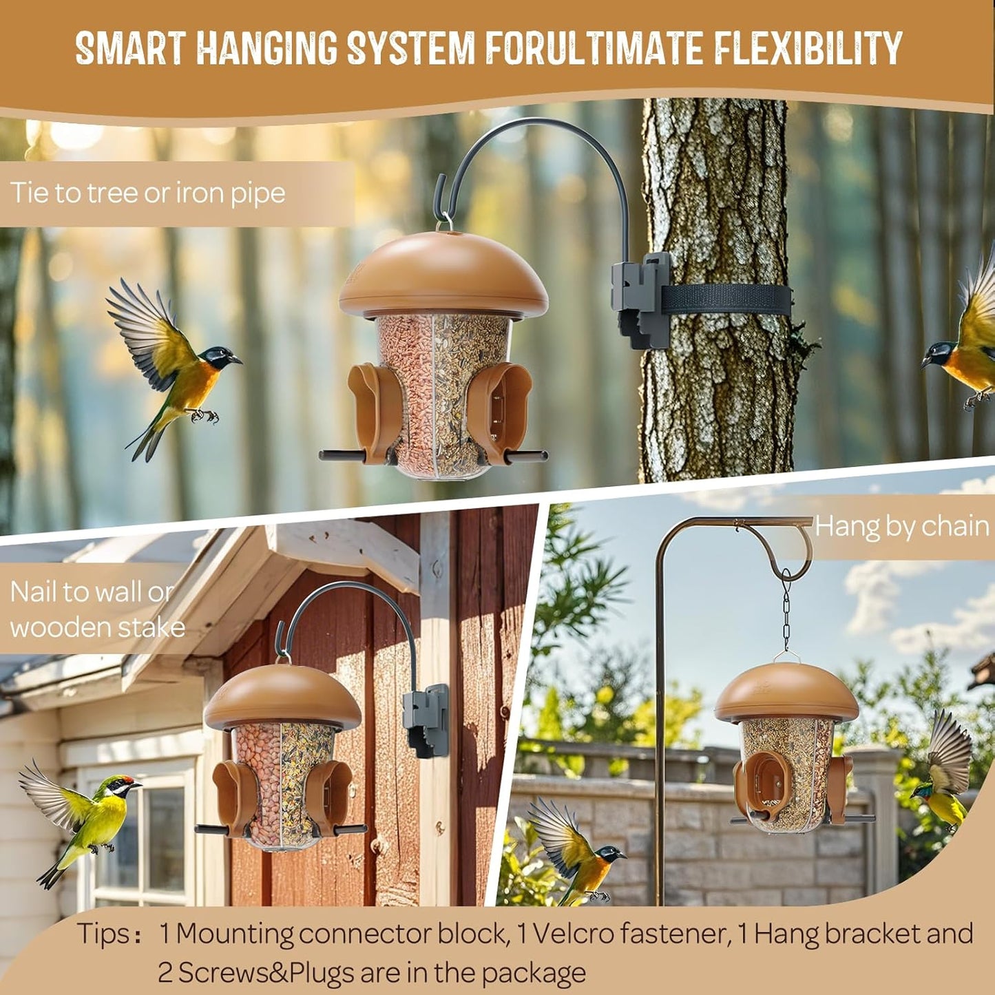 LONA Bird Feeders for Outdoors Hanging – 3 Separate Compartments, 3 Feeding Ports, Weatherproof Dome & 3 Ways to Hang, Large Capacity for Cardinals/Finches (Brown