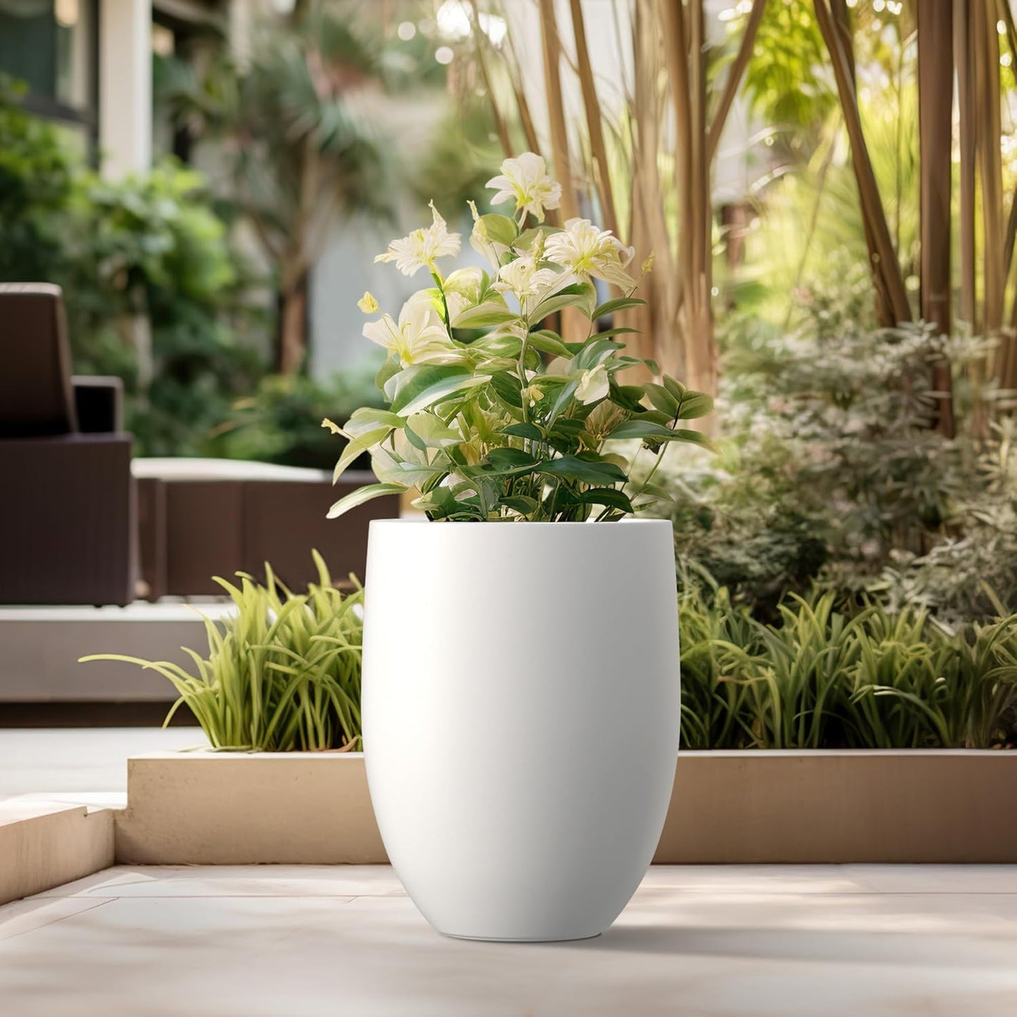 Kante 21.7" H Snow White Concrete Tall Planter, Large Outdoor Indoor Decorative Pot with Drainage Hole and Rubber Plug, Modern Round Style for Home and Garden