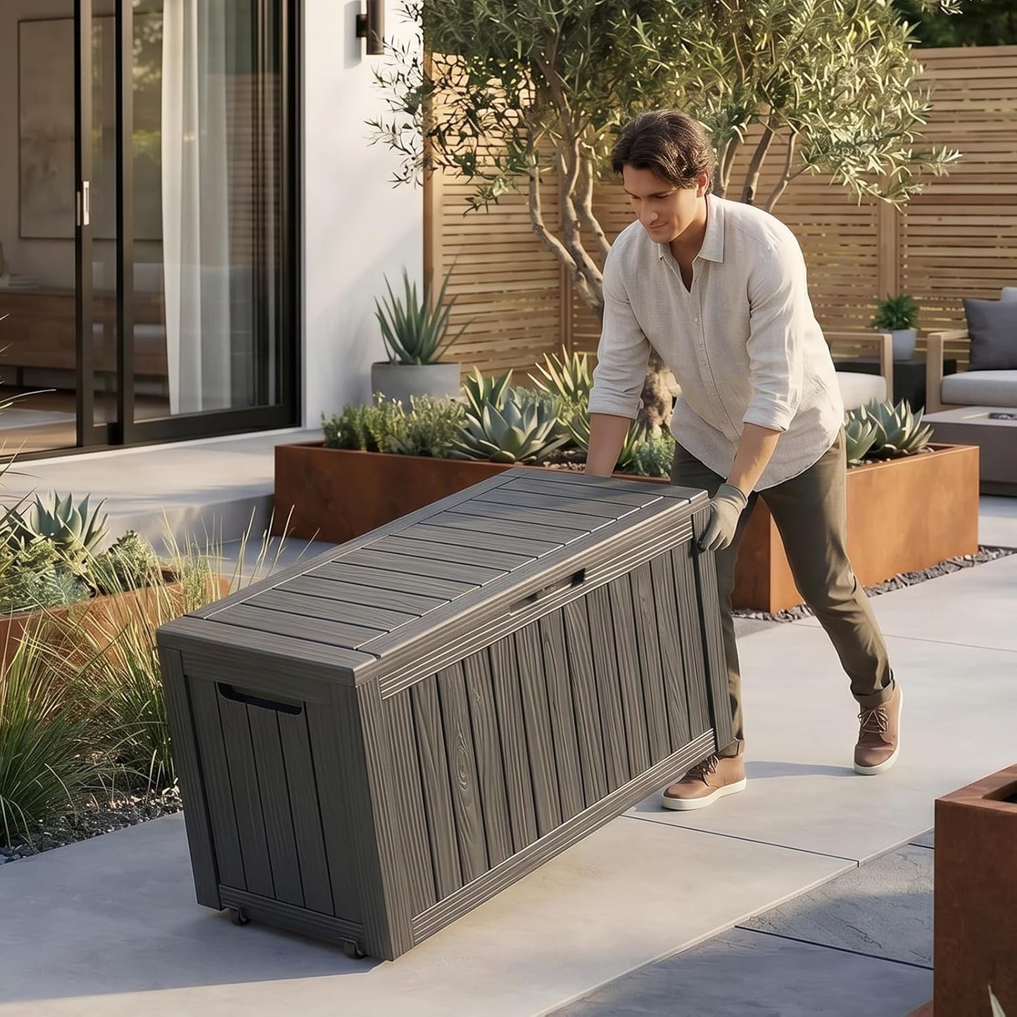 EasyUp 85 Gallon Outdoor Storage Box, Resin Waterproof UV-Resistant Deck Box, Reinforced Stability for Patio, Garden, and Poolside, Striped Black