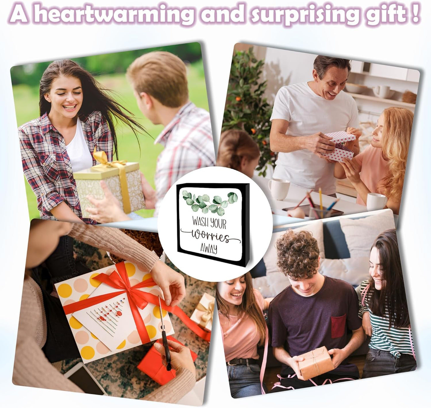 Wash Your Worries Away Wooden Block Sign - 5" Eucalyptus Leaves Wooden Plaque Tabletop Decor - Rustic Farmhouse Wood Sign Gifts For Friends Family Coworker- Bathroom Toilets Desk Decor & Supplies -B16