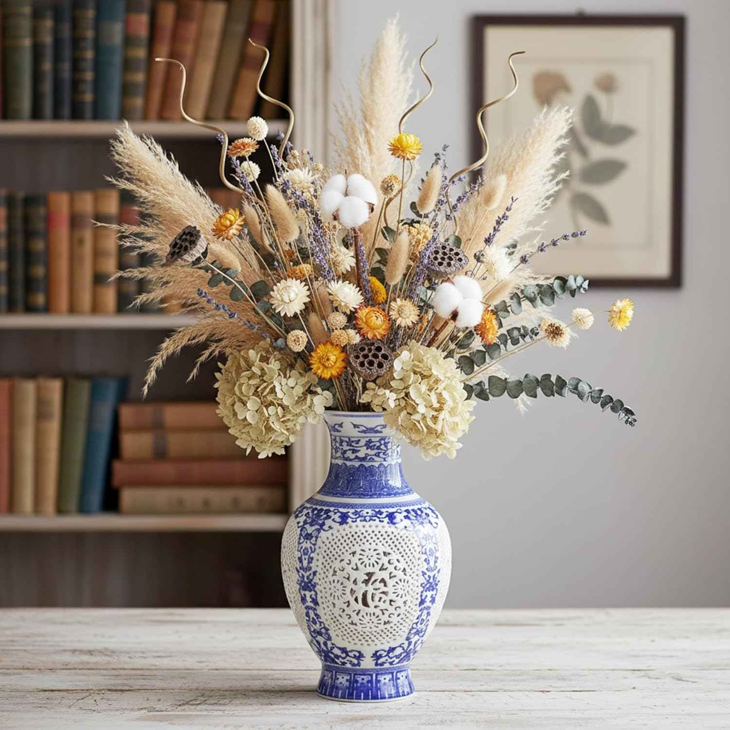 Blue and White Ceramic Vase, Chinoiserie Blue Porcelain Vase, Vintage Ceramic Flower Holder for Living Room Bookshelf Table Office Home Decoration (1-GY 11")