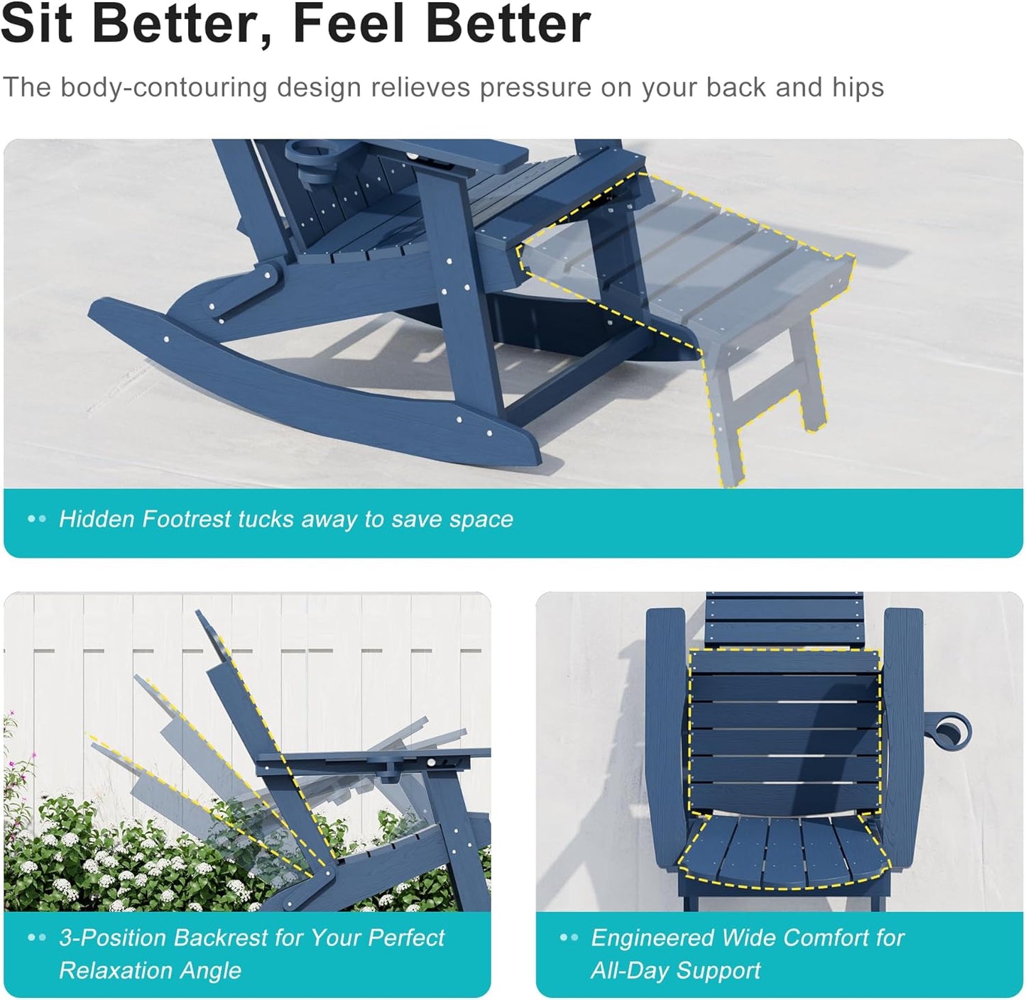 HDPE Outdoor Rocking Chairs Set of 2, 4-in-1 Folding Adirondack Chair with Retractable Ottoman, Patio Rocker with 3-Position Adjustable Backrest & Cup Holder for Porch, Backyard, Pool, Navy Blue