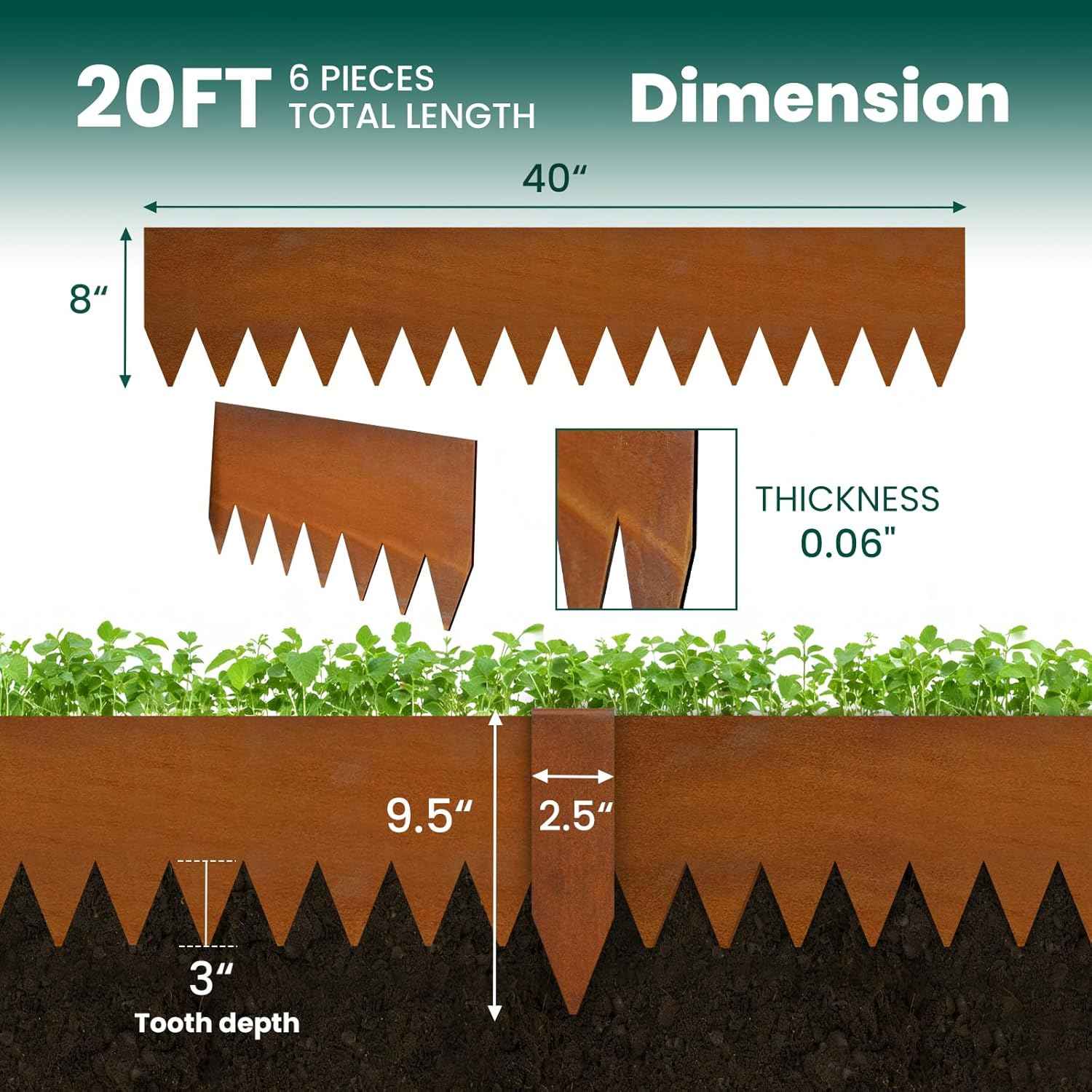 Corten Steel Landscape Edging 8" H x 40" L 6 Pack Metal Garden Edging, Pre-Rusted Metal Landscape Edging, Hammer-in Steel Edging for Landscaping with 6 Clips for Lawn Yard Border (20Ft Total)