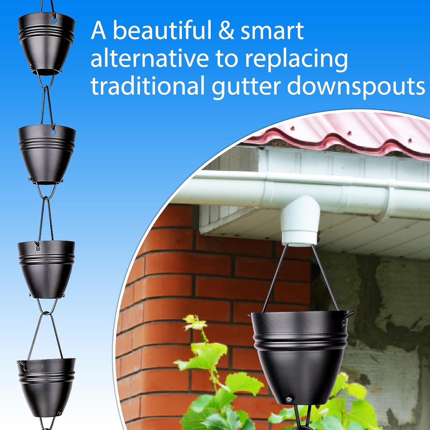 RainChains Pacific Twin Stripe Rain Chain 8.5ft Black Aluminum Rain Chains for Outside Decorative Gutter Chain Downspout.