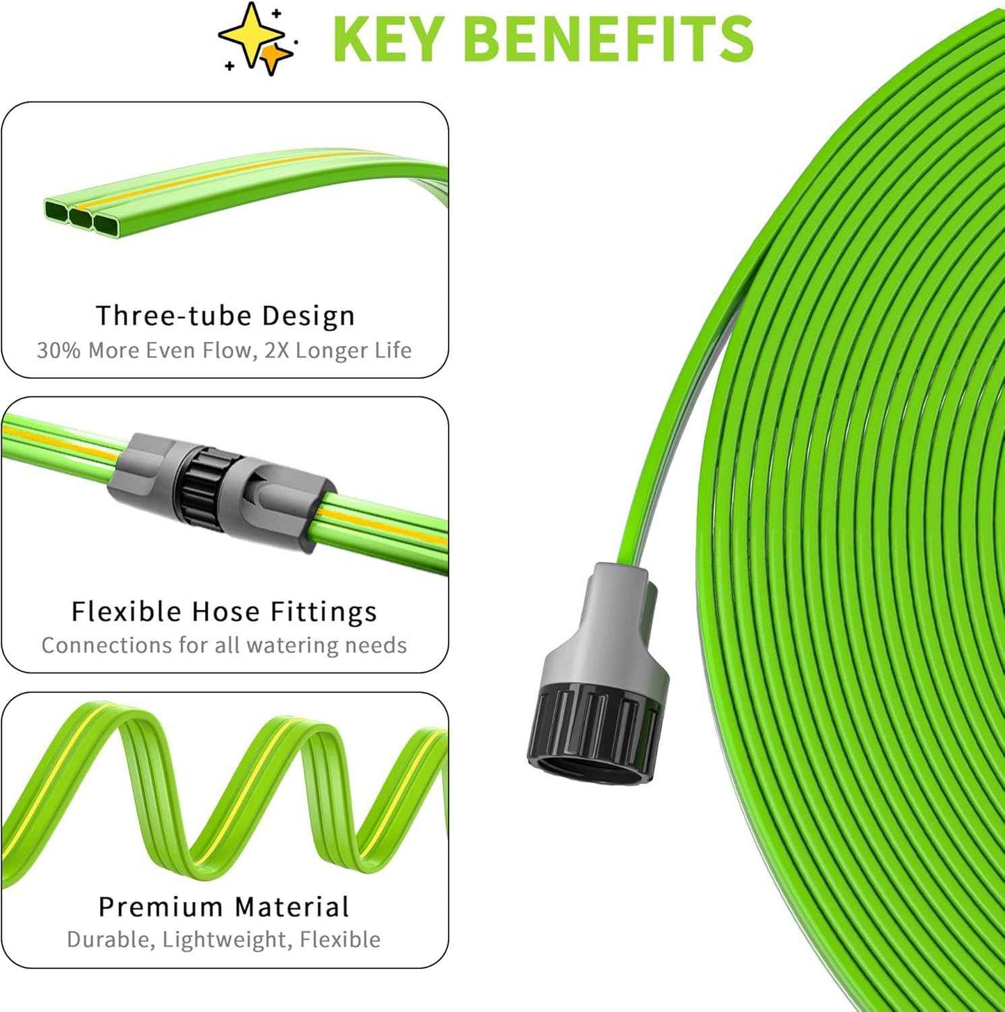 Sprinkler Soaker Hose 25 FT for Yard Garden, Flat Soaker Hose with Stakes, Irrigation Drip Hose, Watering Hose with Holes for Lawn