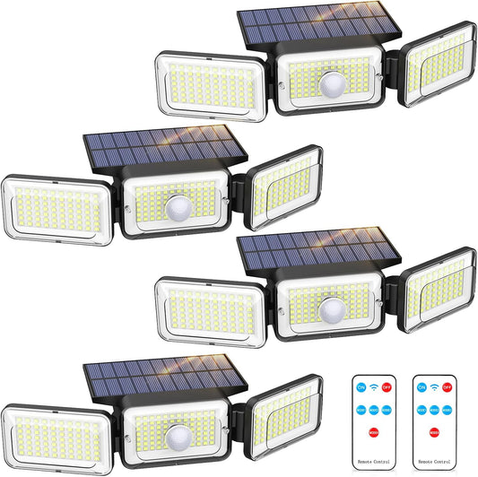 Solar Lights Outdoor Waterproof, Motion Sensor & Flood Outdoor Lights with Remote Control, 4 Adjustable Modes, 3000LM & 218 LED, High-Energy-Density Solar Panel-Monocrystalline Technology, 4 Pack