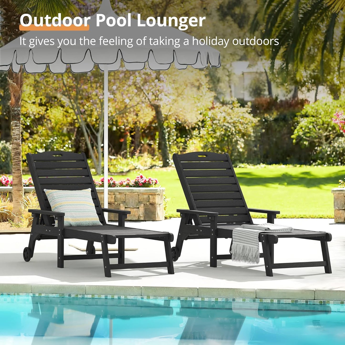 LUE BONA Chaise Lounge Chairs Set with Table, 3-Piece, HDPS Chaise Lounger, 5 Positions Adjustable Lounge Chairs, Pool Lounge Chair with Wheels for Poolside, 3 Year Warranty, Black