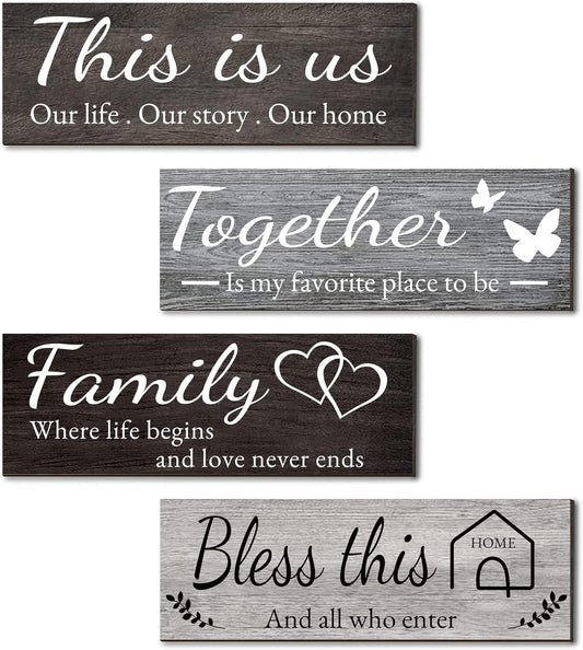 Joyhawk 4 Pieces Home Wall Decor Signs, THIS IS US/TOGETHER/BLESS THIS HOME/FAMILY Wall Decor For Living Room Bedroom, Rustic Wooden Farmhouse Wall Art Decor, 4.7 x 13.8 Inch(Mixed Color)