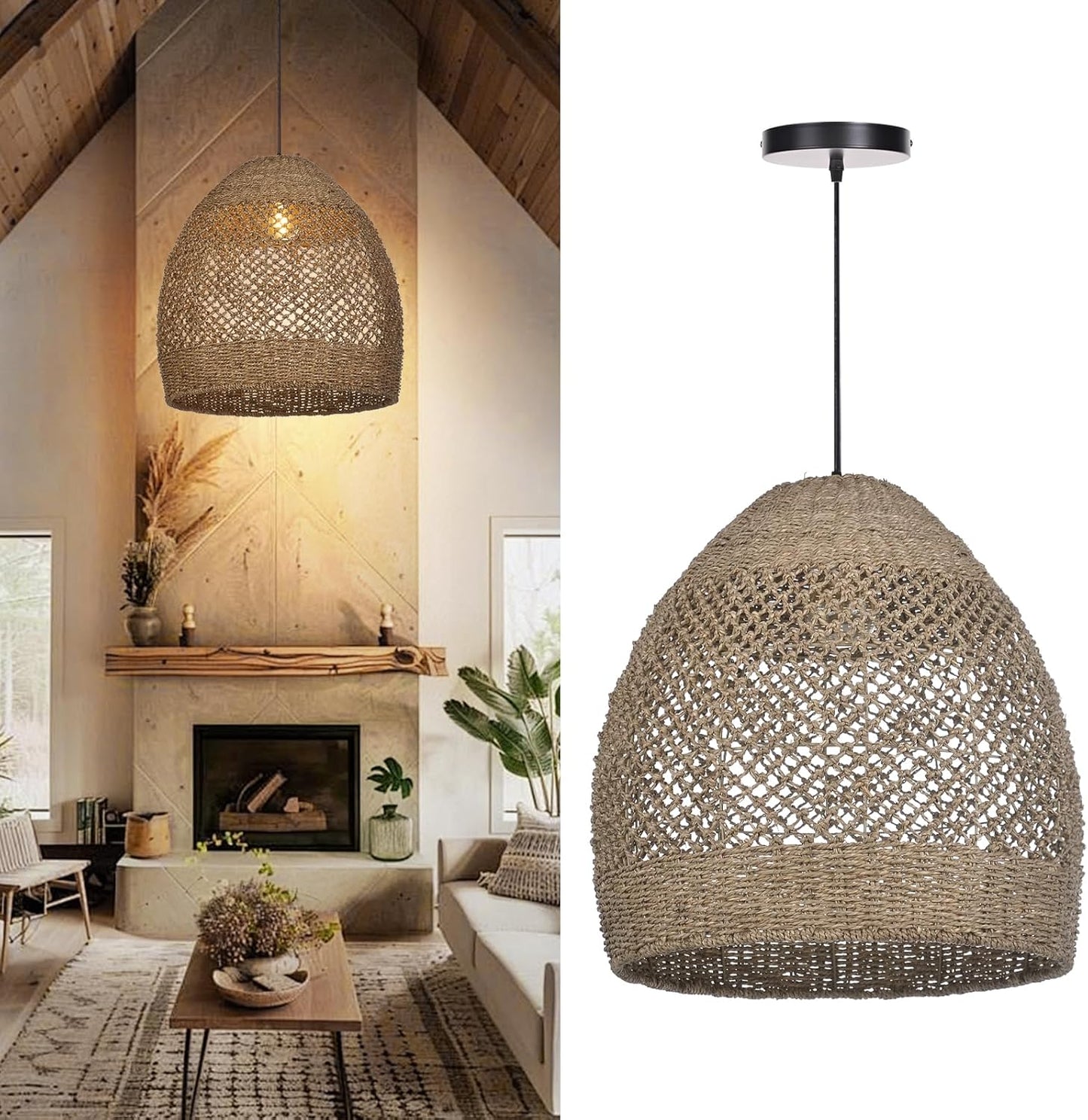 Arturesthome Boho Chandelier, Rustic Rattan Basket Woven Pendant Light Coastal Light Fixture, Farmhouse Wicker Hanging Lighting for Dining Table Kitchen Island Bedroom D17.7in