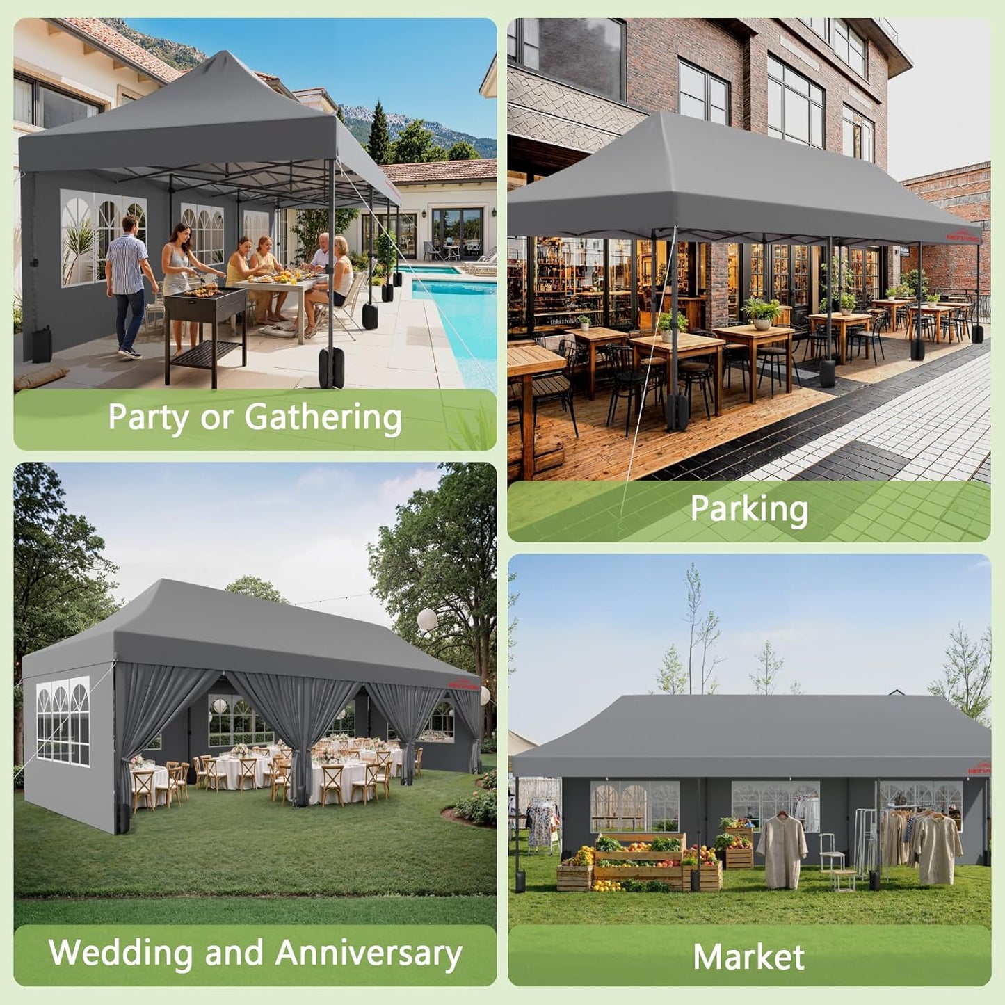 10x30 Heavy Duty Pop Up Canopy with 8 Sidewalls, 550D Commercial Easy Up Canopy Tent, Waterproof Outdoor Party Event Tent with Roller Bag, Grey