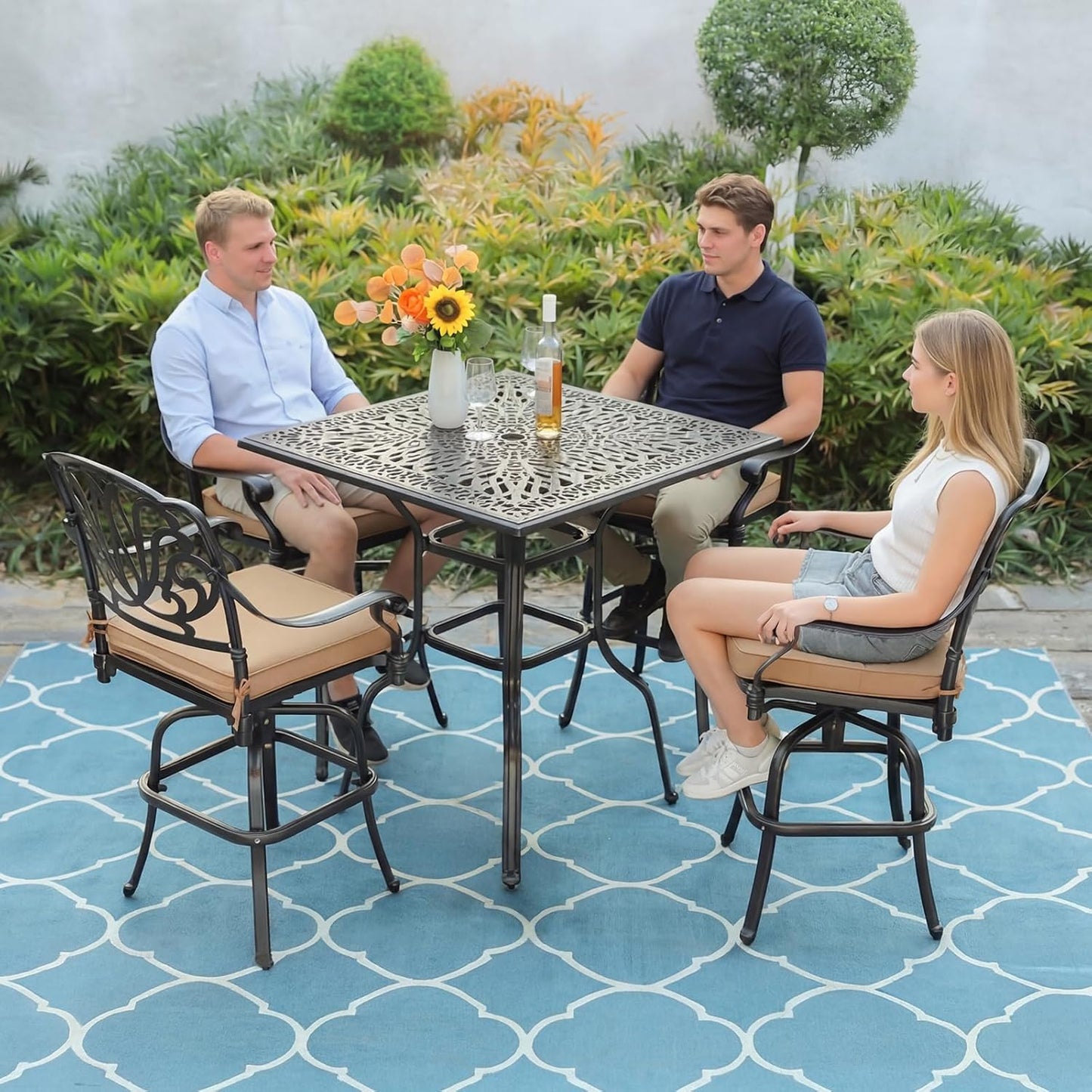 VIVIJASON 5-Piece Bar Height Patio Dining Set, All Weather Cast Aluminum Outdoor Table and Chairs Set with 4 Swivel Bar Stools, Cushions & 35.4" High Bar Table w/Umbrella Hole for Deck, Lawn, Garden