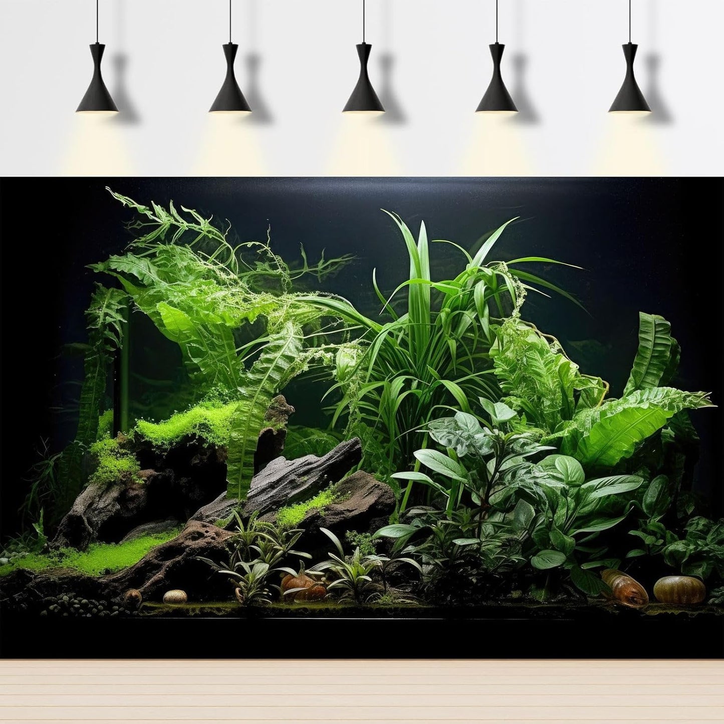 Aquarium Background Freshwater Green Plants Terrarium Background Aquatic Underwater Sea Grass Tank Background Wood Root Rock with Moss Jungle Style Fish Tank Background Poster Wallpaper 48x20in