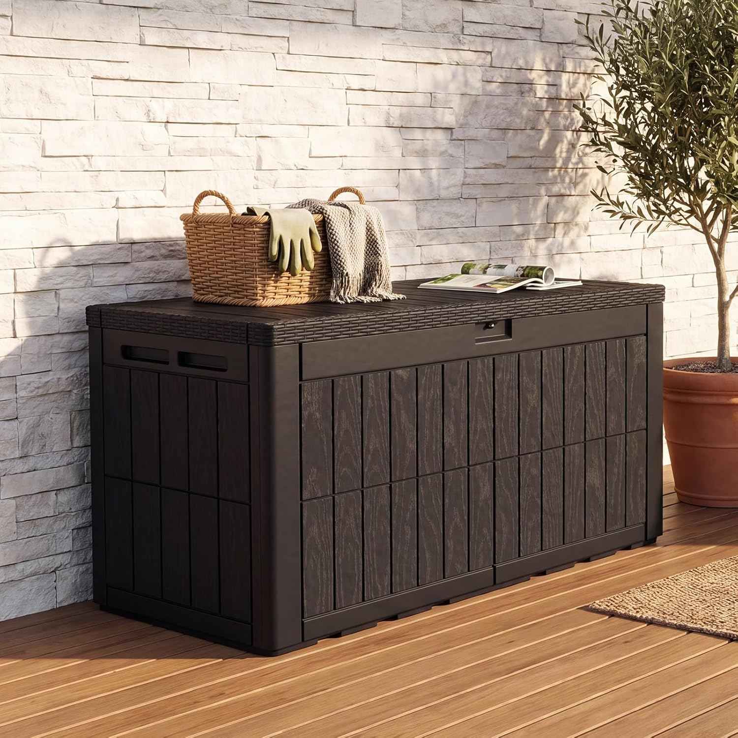 Quictent 100 Gallon Resin Deck Box, Weatherproof Waterproof Outdoor Storage Bench, Heavy Duty UV Resistant Lockable Container for Garden, Pool Supplies, Patio Cushions & Furniture Accessories