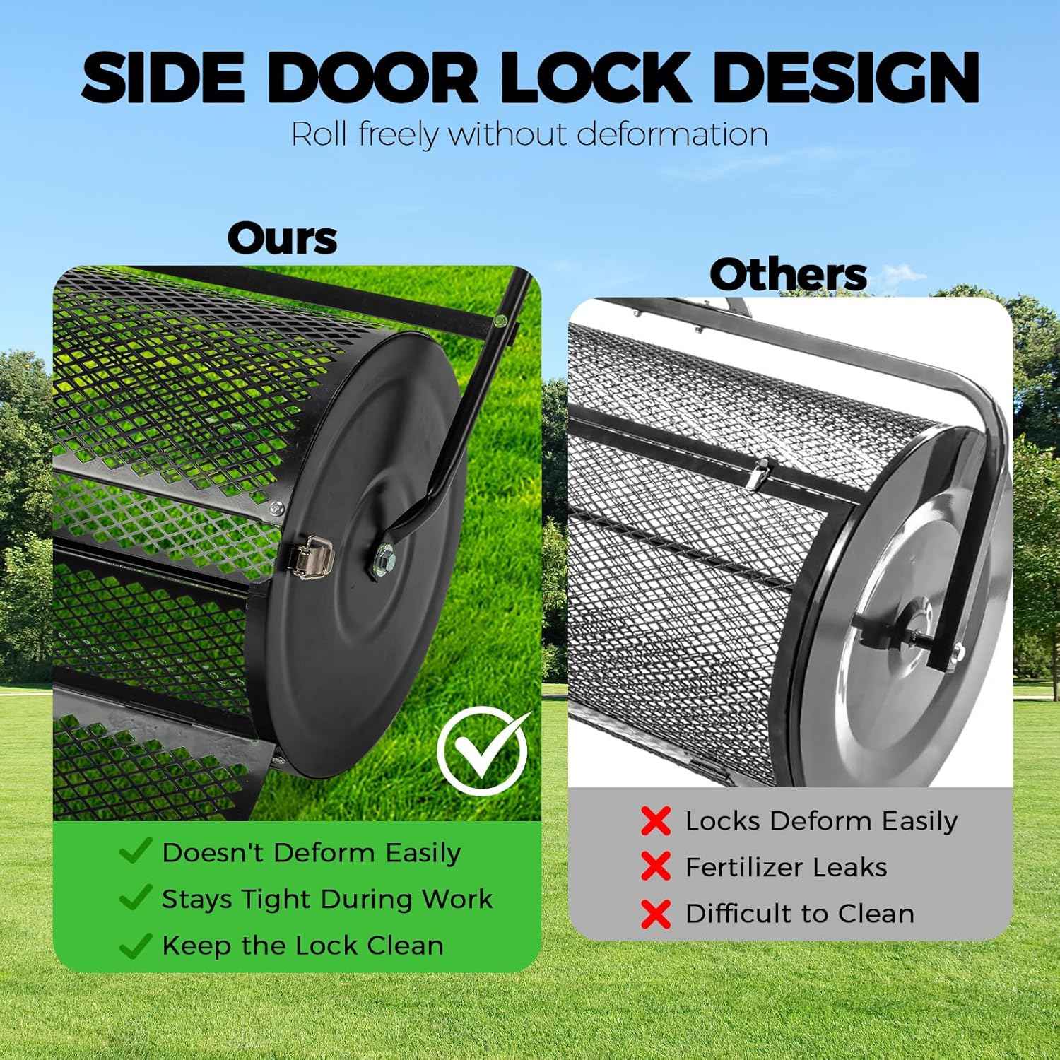 Outvita Compost Spreader, 24" Wide Lawn and Garden Peat Moss Roller with Side Latches, Powder Coated Steel Mesh Basket for Spreading Manure Mulch Topsoil