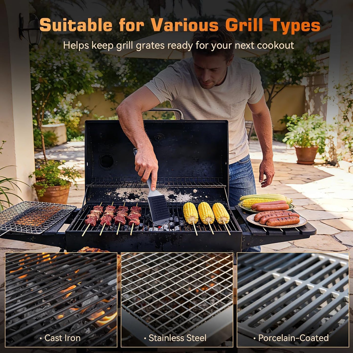 BBQ Grill Brush and Scraper, Heavy Duty Grill Cleaner with Stainless Steel Handle, Replacement Brush Head Included, Grill Cleaning Brush for Gas, Charcoal & Smoker Grill Grates （15 inch）
